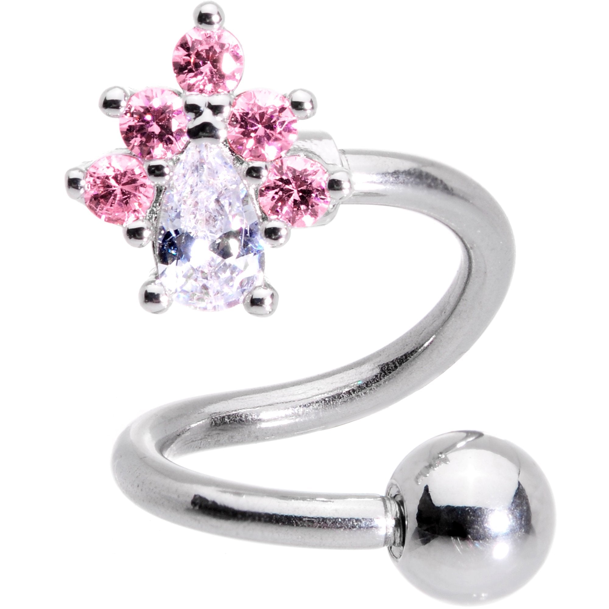 Clear Pink CZ Gem Springtime Flower Spiral Twister Belly Ring