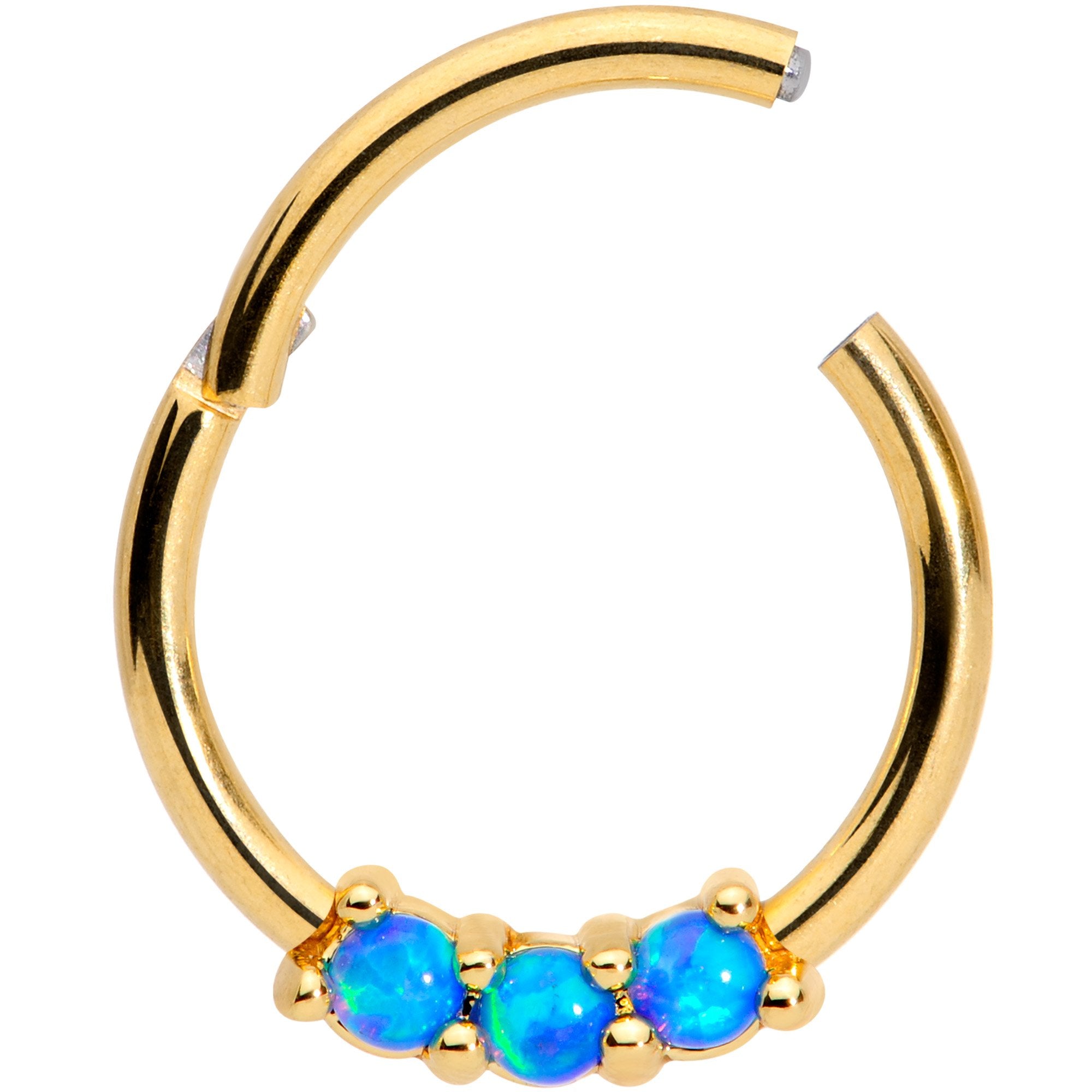 16 Gauge 3/8 Blue Synthetic Opal Gold Tone Hinged Segment Ring