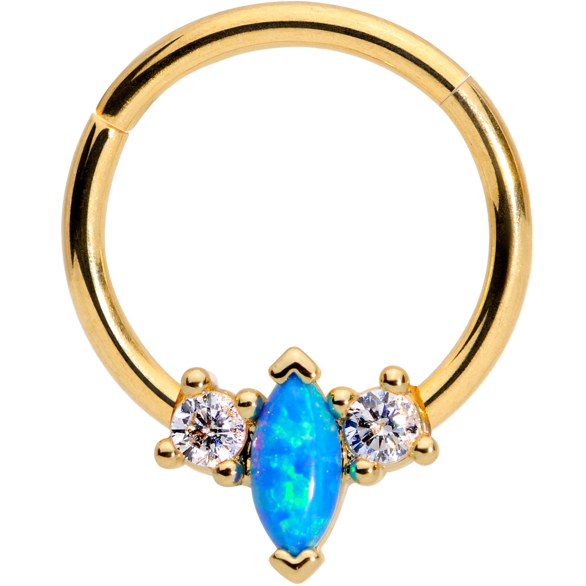 16 Gauge 3/8 Blue Synthetic Opal Glamour Gold Tone Hinged Segment Ring