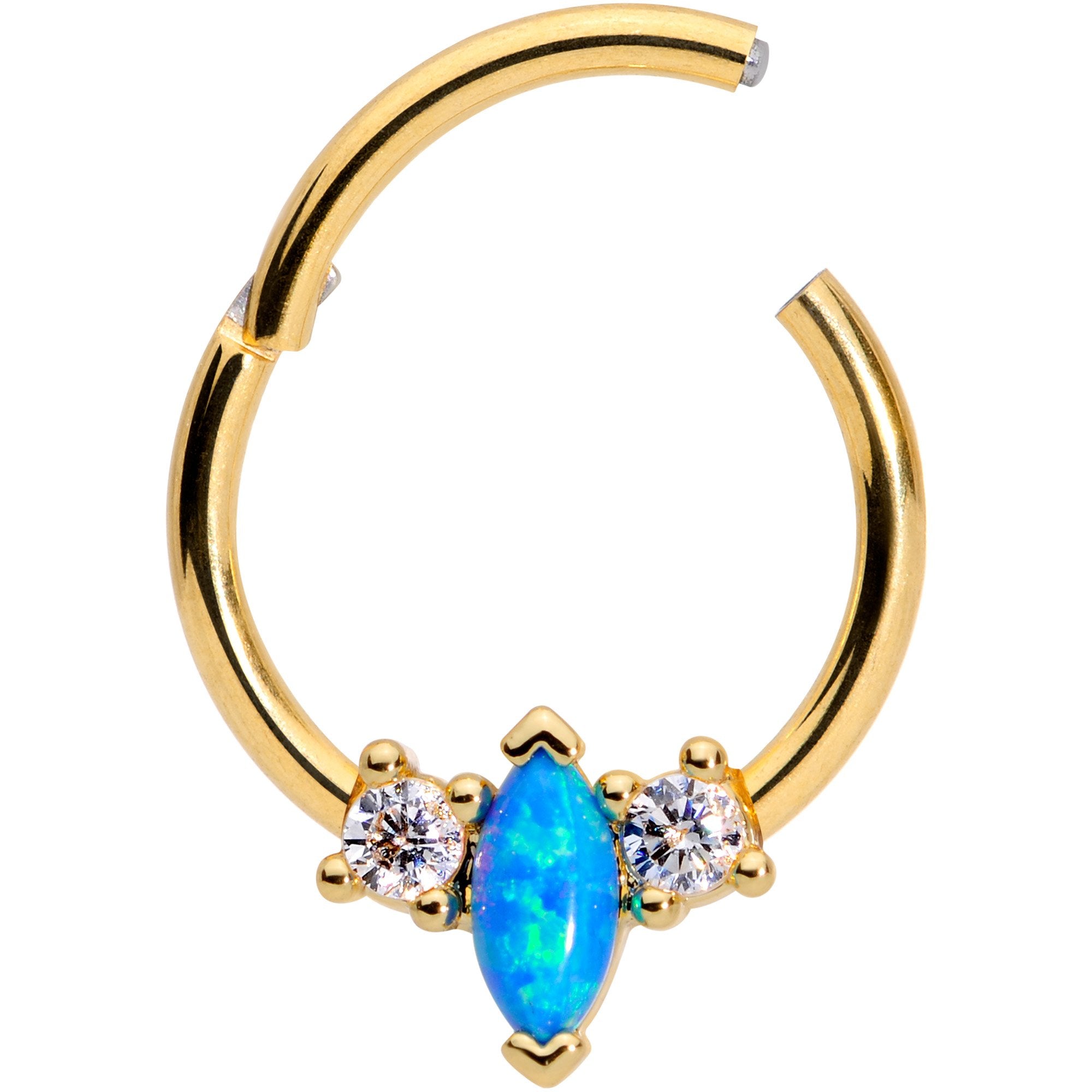 16 Gauge 3/8 Blue Synthetic Opal Glamour Gold Tone Hinged Segment Ring