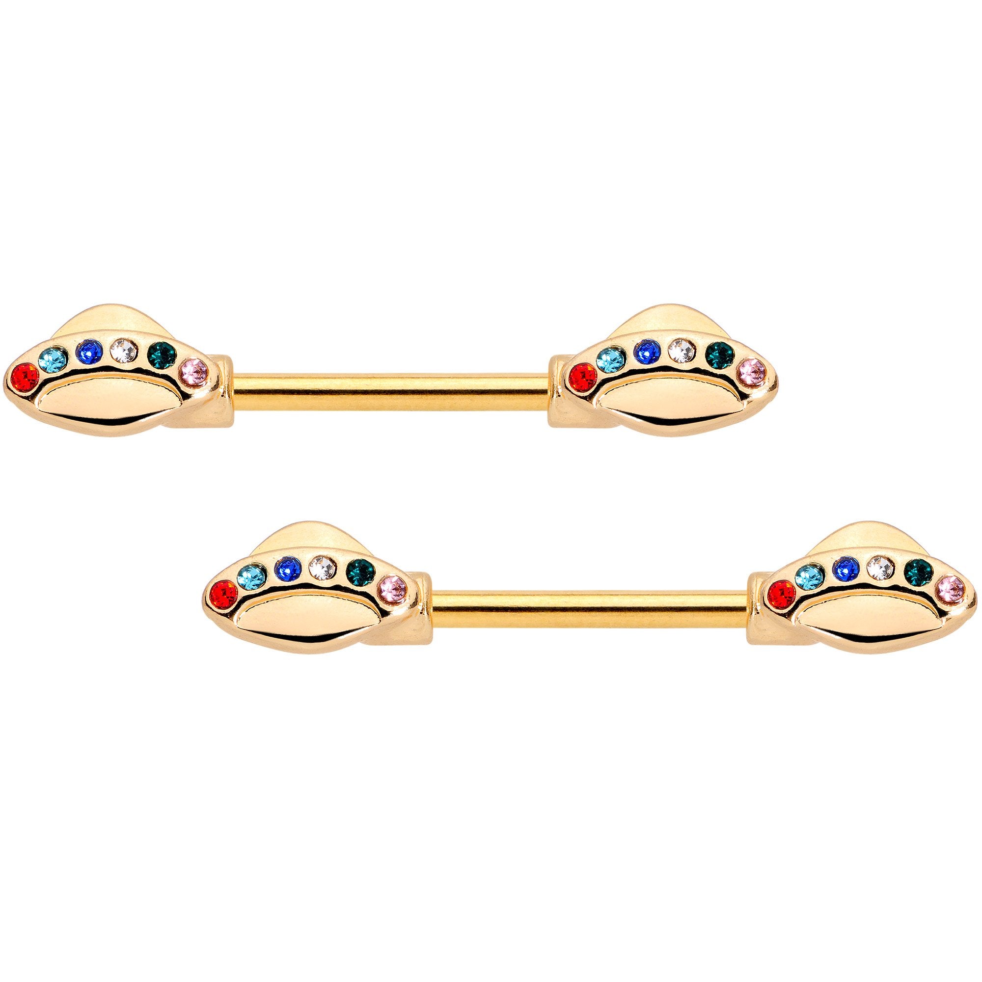 14 Gauge 9/16 Multicolor Gem Gold Tone UFO Barbell Nipple Ring Set