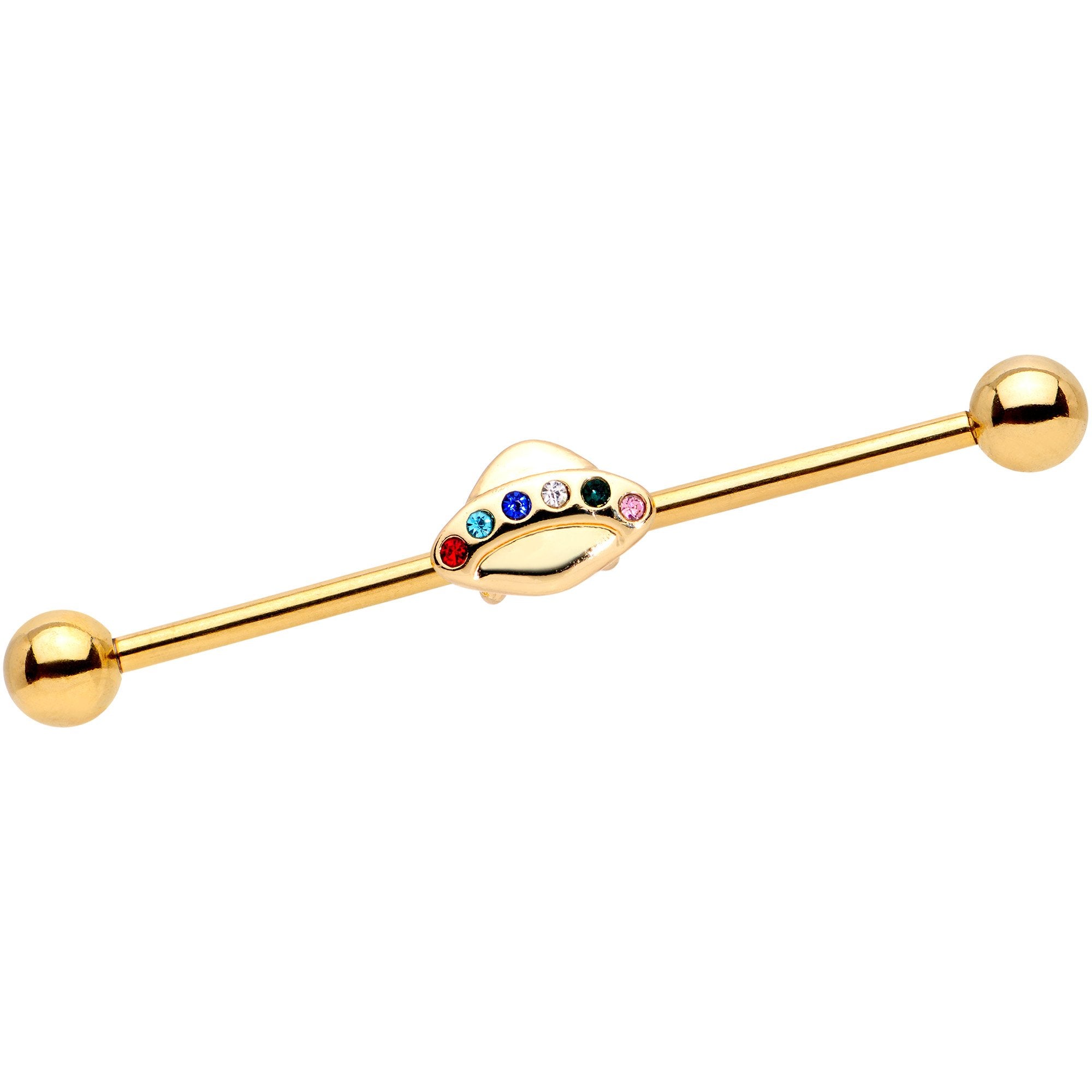 14 Gauge Multicolor Gem Gold Tone UFO Industrial Barbell 38mm