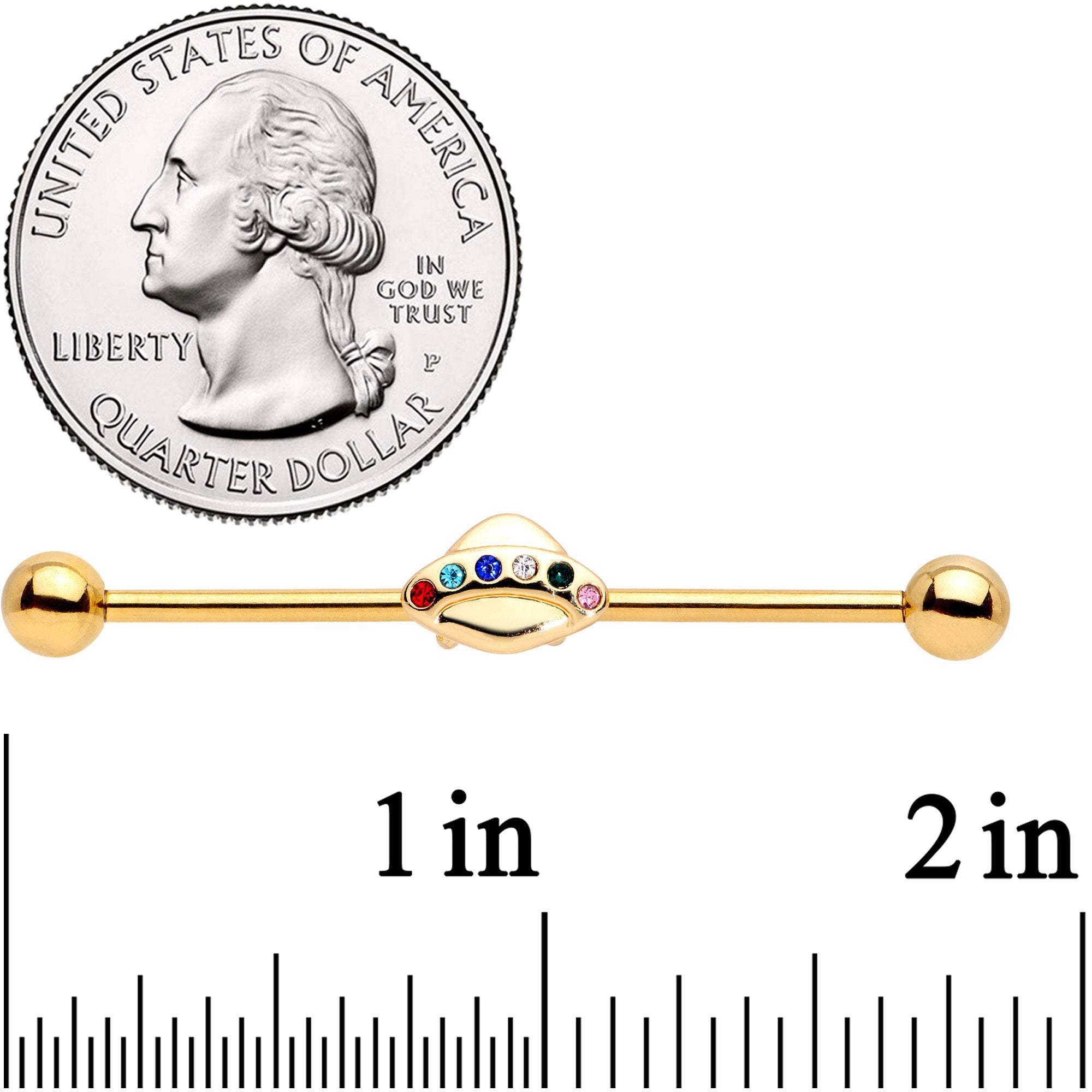 14 Gauge Multicolor Gem Gold Tone UFO Industrial Barbell 38mm