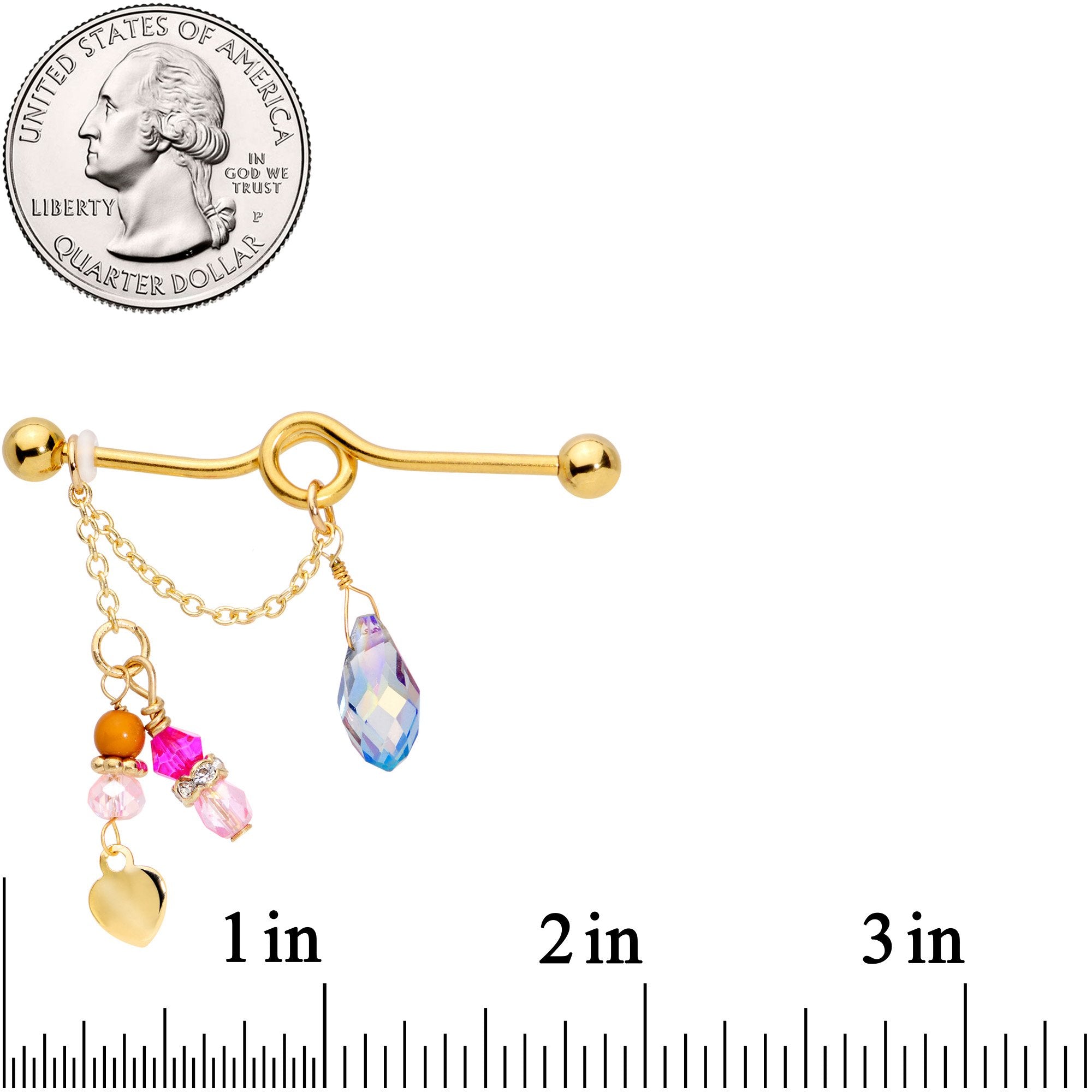 14 Gauge Pink Aurora Gem Gold Tone Chain Dangle Industrial Barbell 38mm