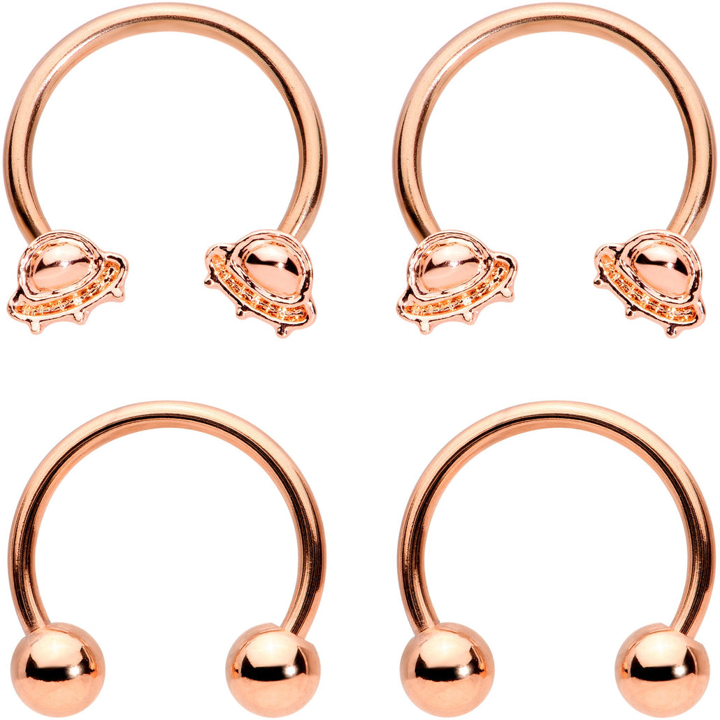 14 Gauge Rose Gold Tone Outer Space UFO Horseshoe Nipple Ring Set of 4