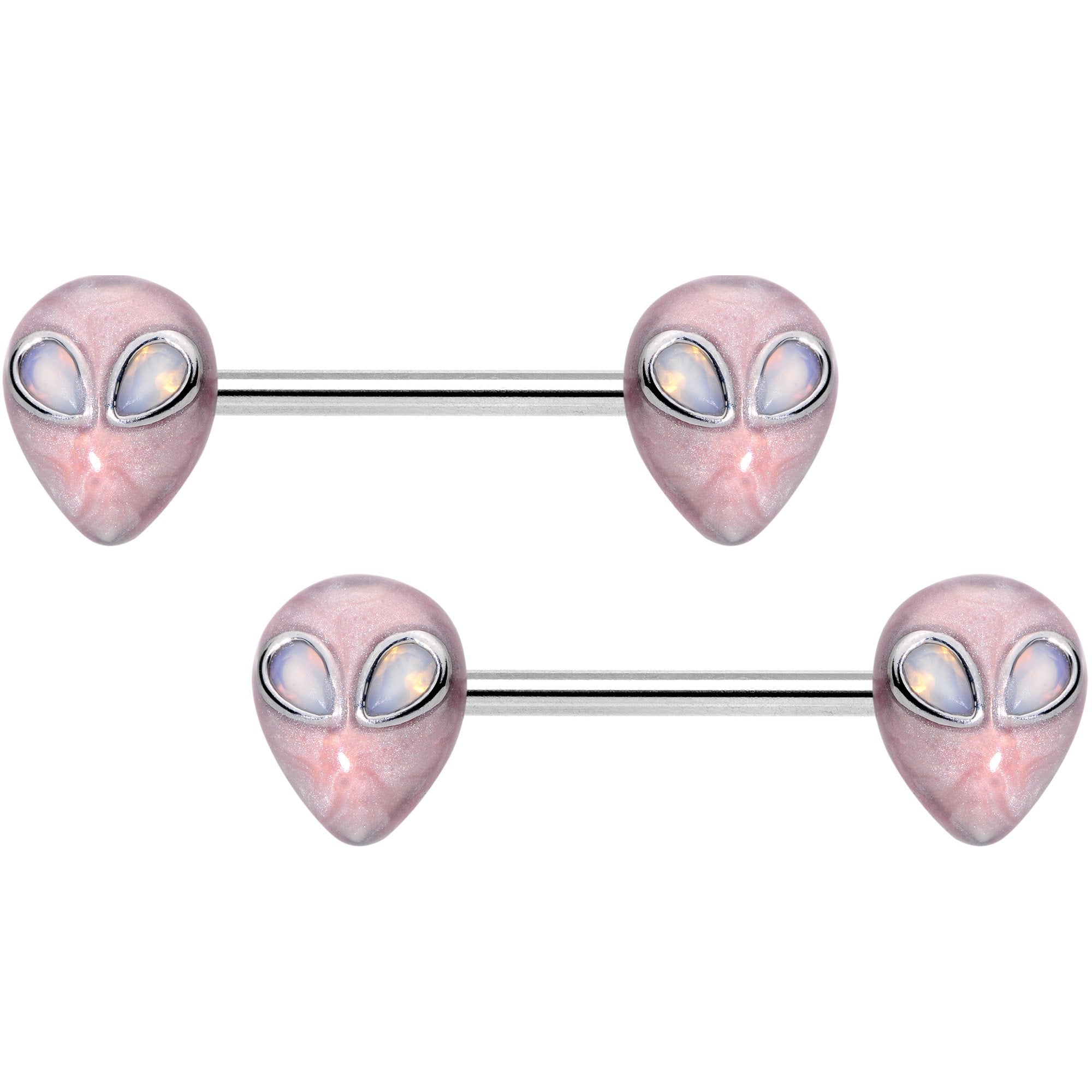 14 Gauge 9/16 White Faux Opal Alien Invader Barbell Nipple Ring Set