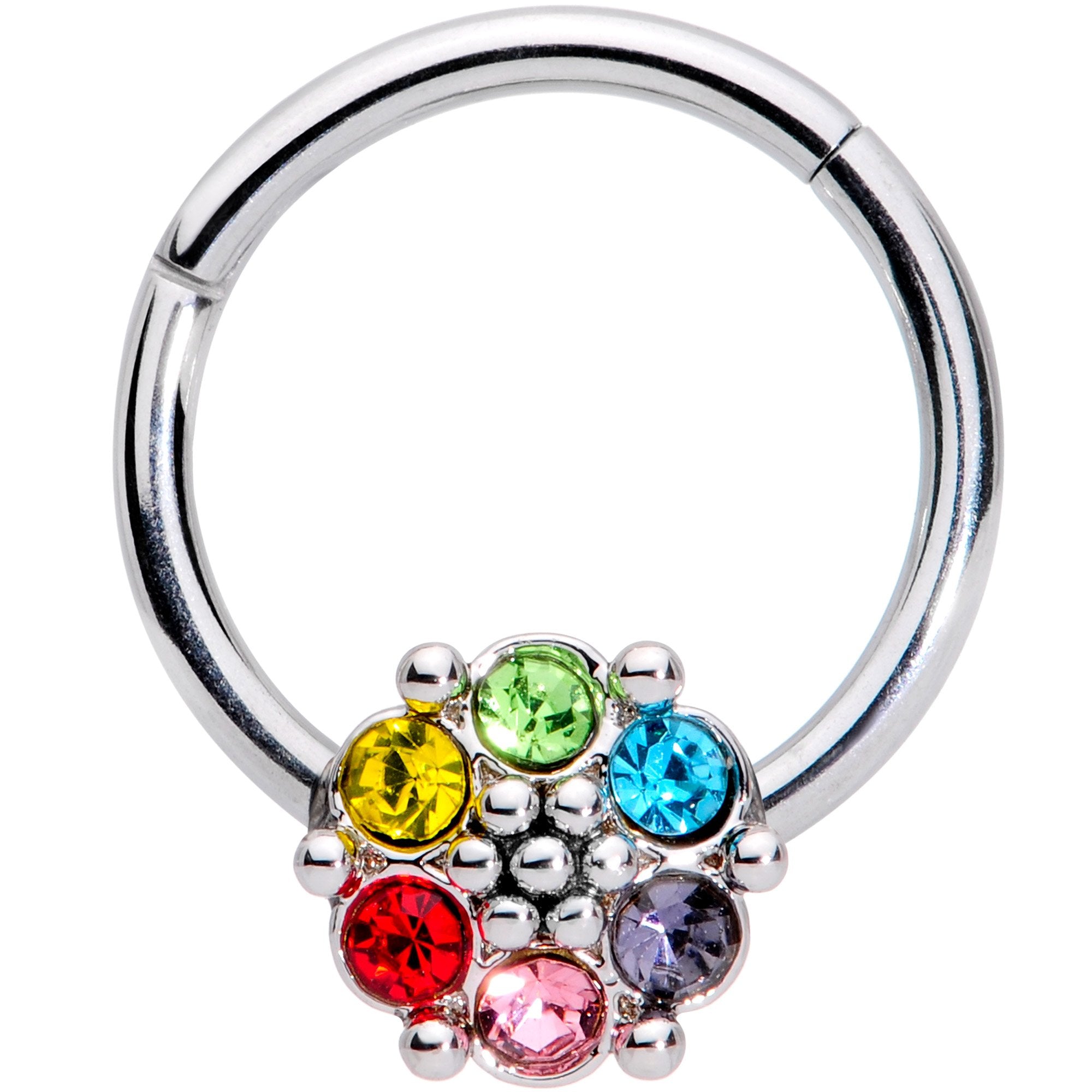 16 Gauge 3/8 Multicolor Gem Rainbow Flower Hinged Segment Ring