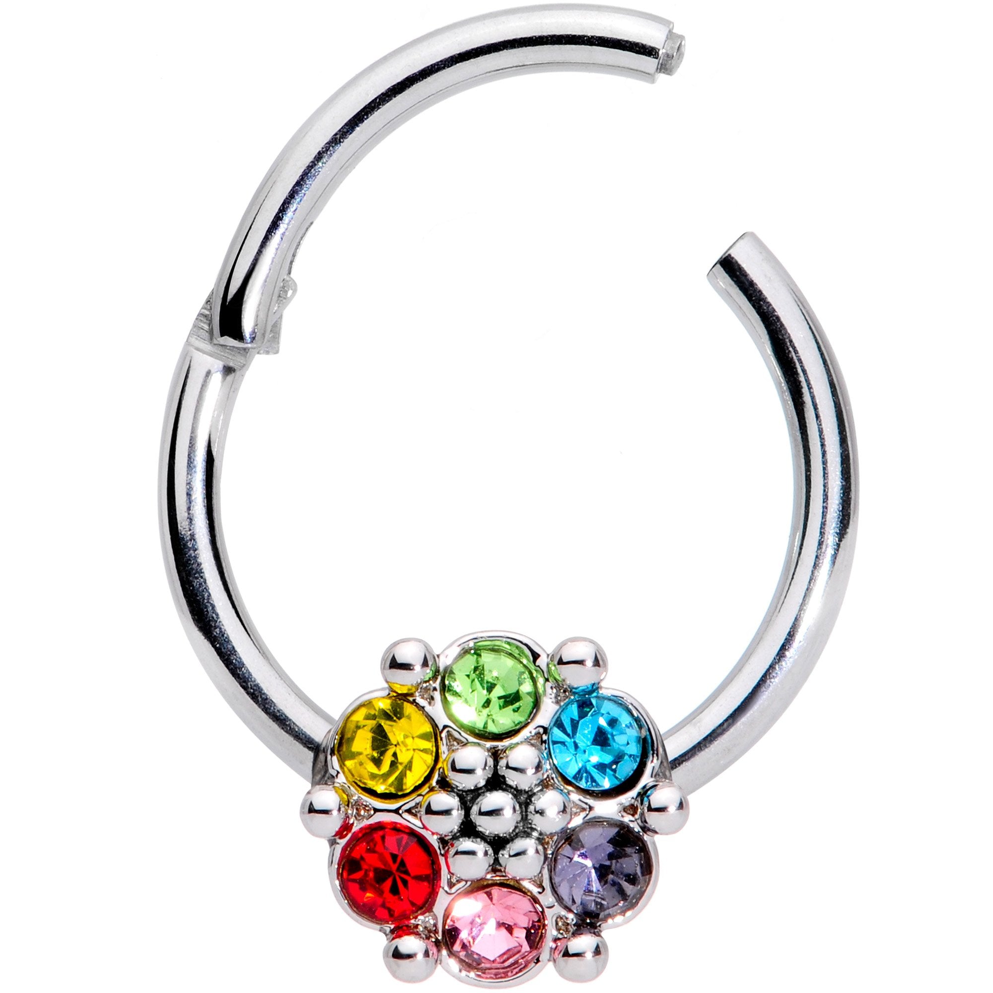 16 Gauge 3/8 Multicolor Gem Rainbow Flower Hinged Segment Ring