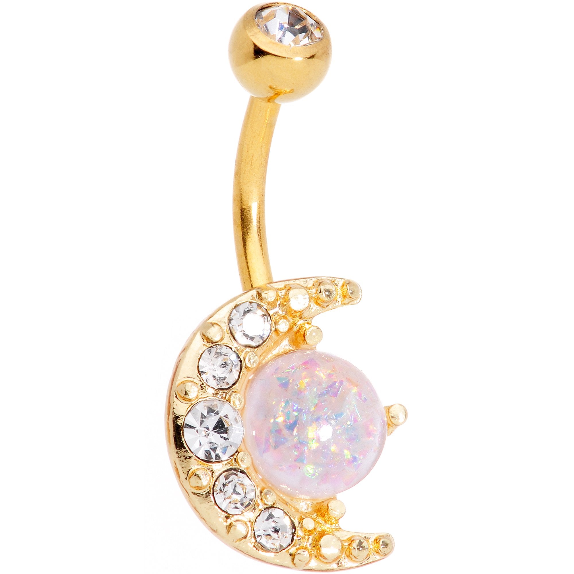 Clear Gem White Faux Opal Gold Tone Night Sky Crescent Moon Belly Ring