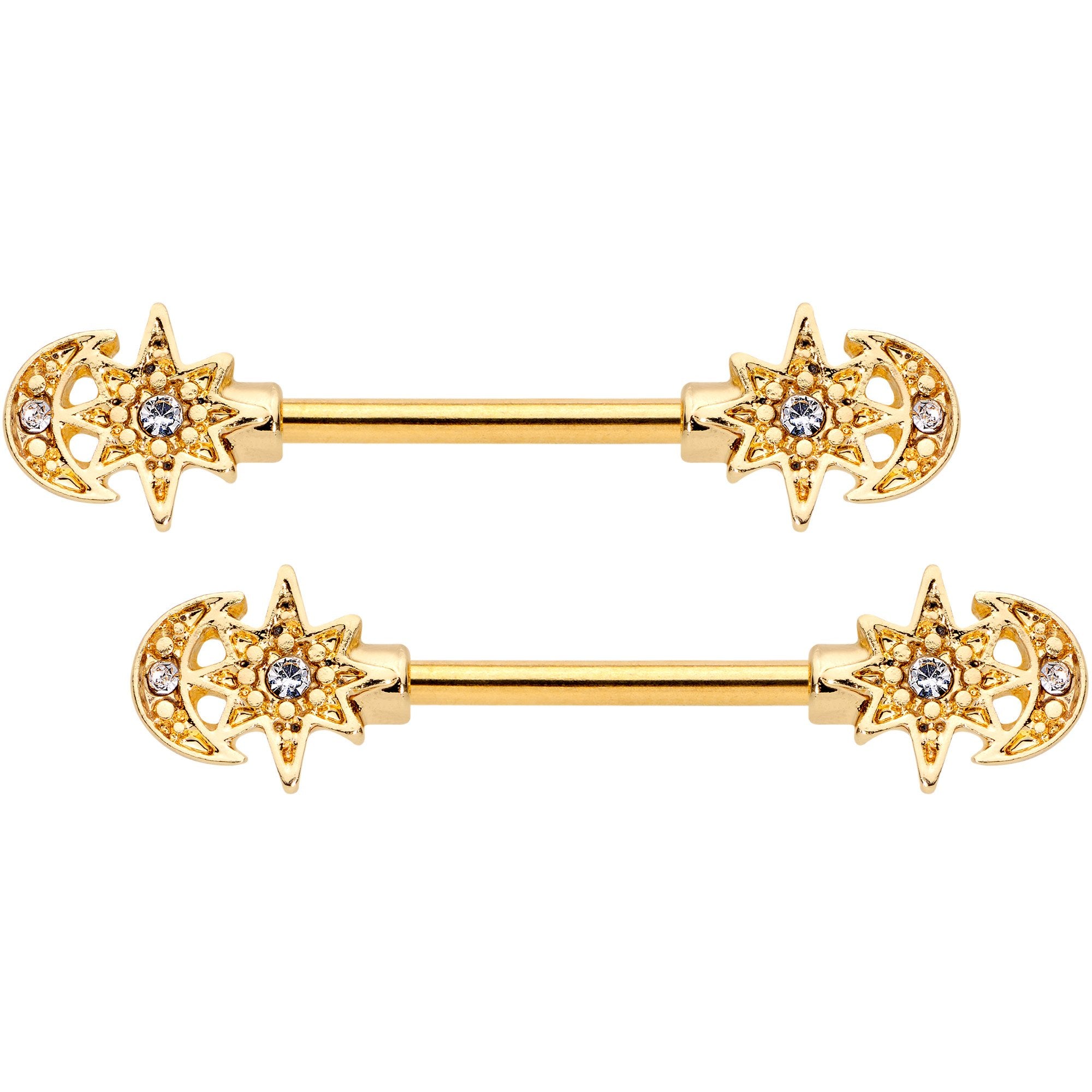 14 Gauge 9/16 Clear Gem Gold Tone Holiday Star Barbell Nipple Ring Set