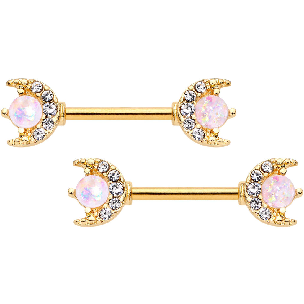 9/16 White Faux Opal Crescent Moon Gold Tone Barbell Nipple Ring Set