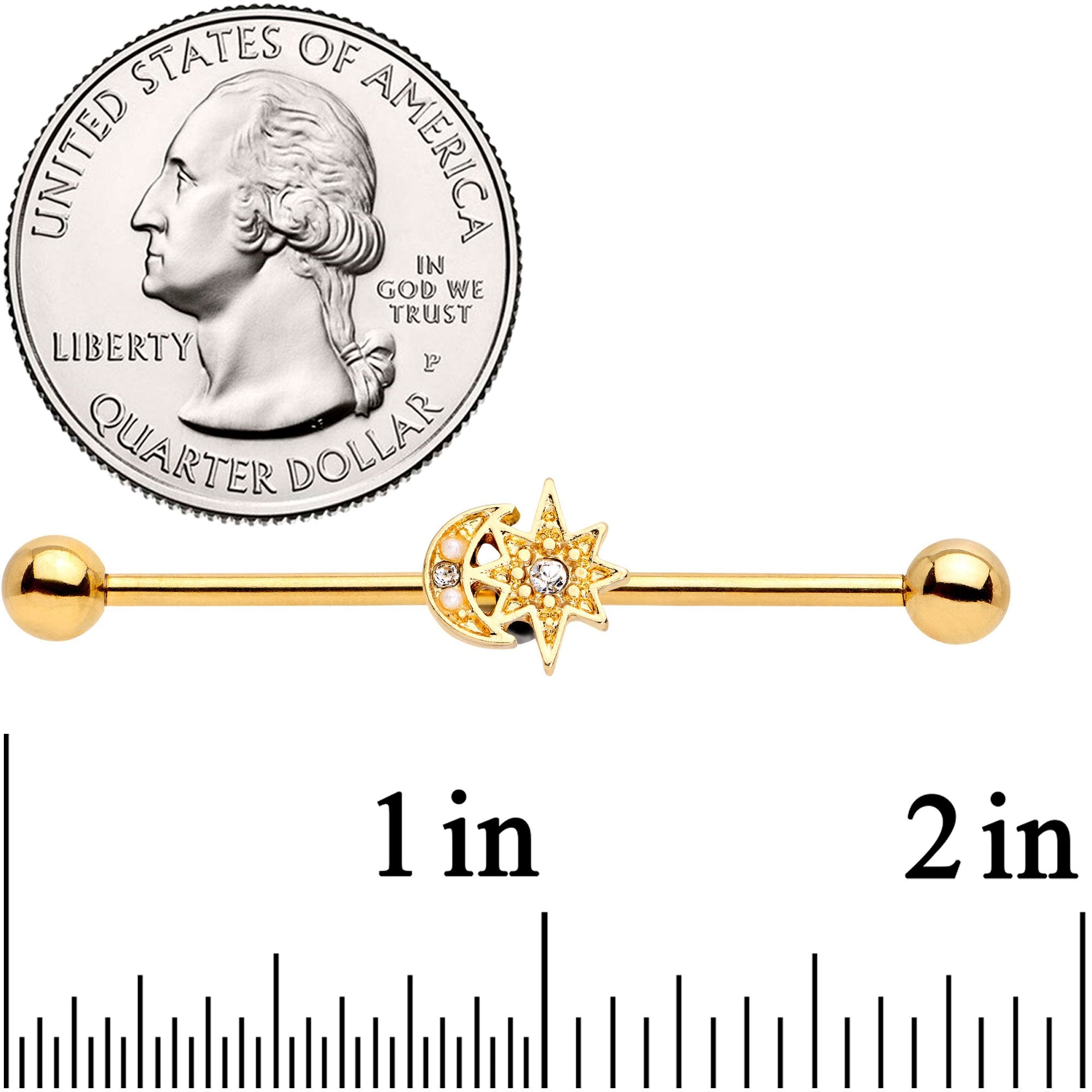 14 Gauge Clear Gem Gold Tone Holiday Star Industrial Barbell 38mm