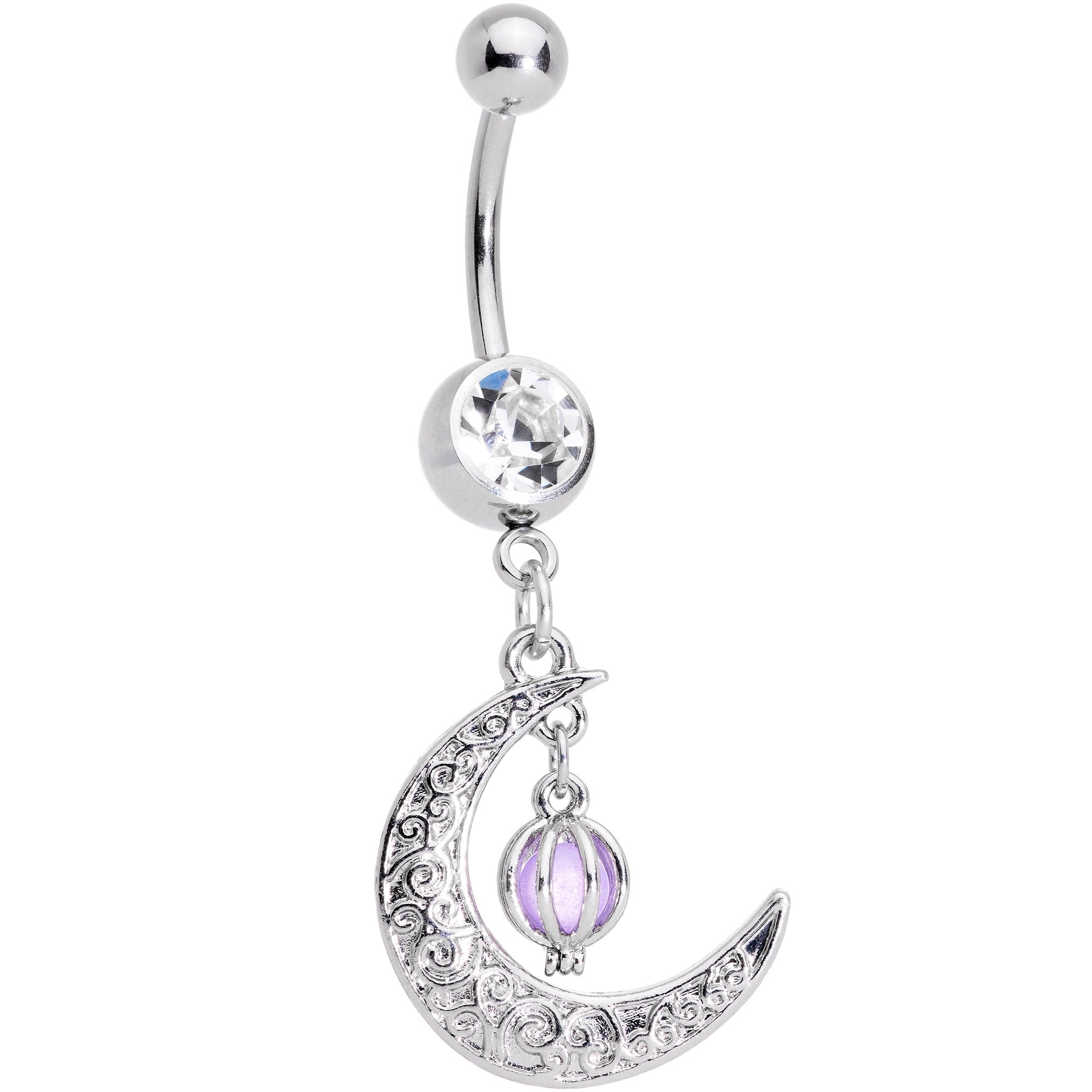 Clear Gem Ornate Moon Orb Dangle Belly Ring