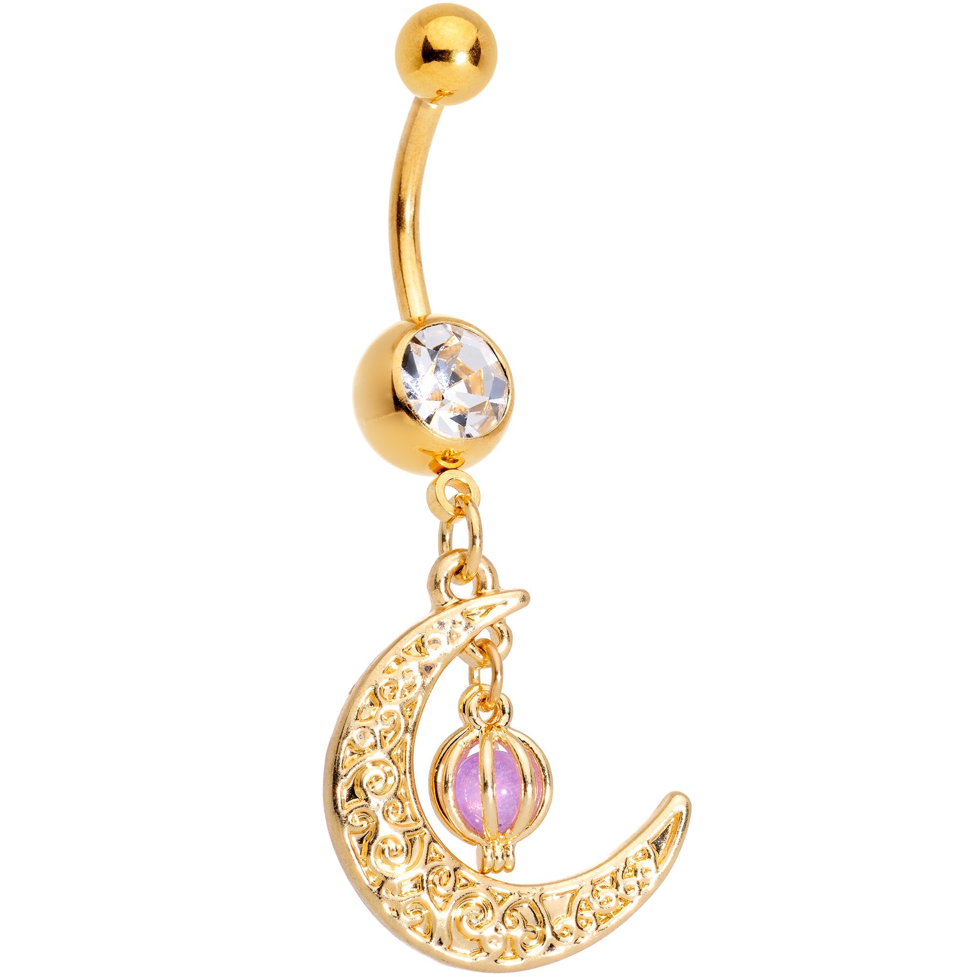 Clear Gem Gold Tone Ornate Moon Orb Dangle Belly Ring