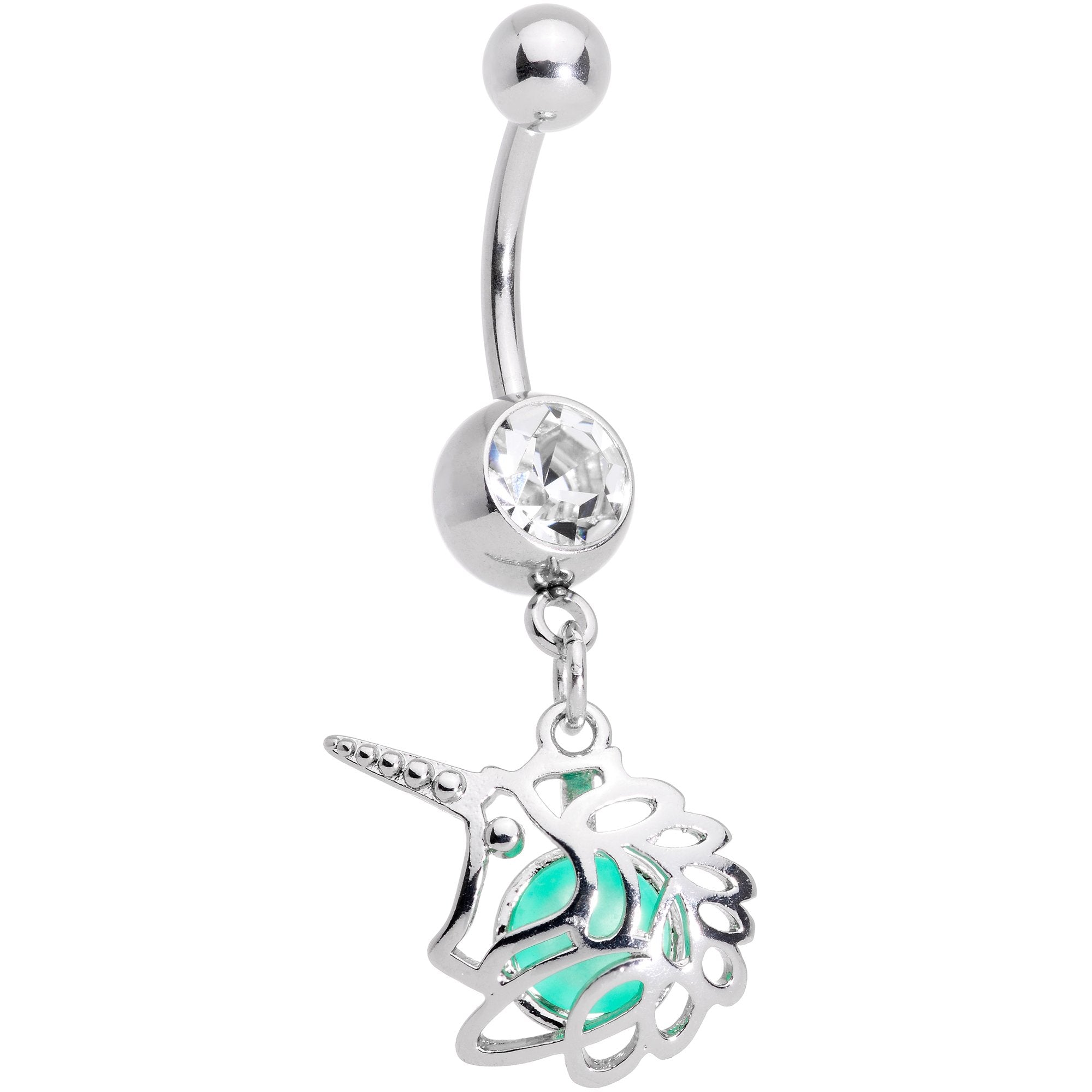 Clear Gem Glow Orb Unicorn Dangle Belly Ring