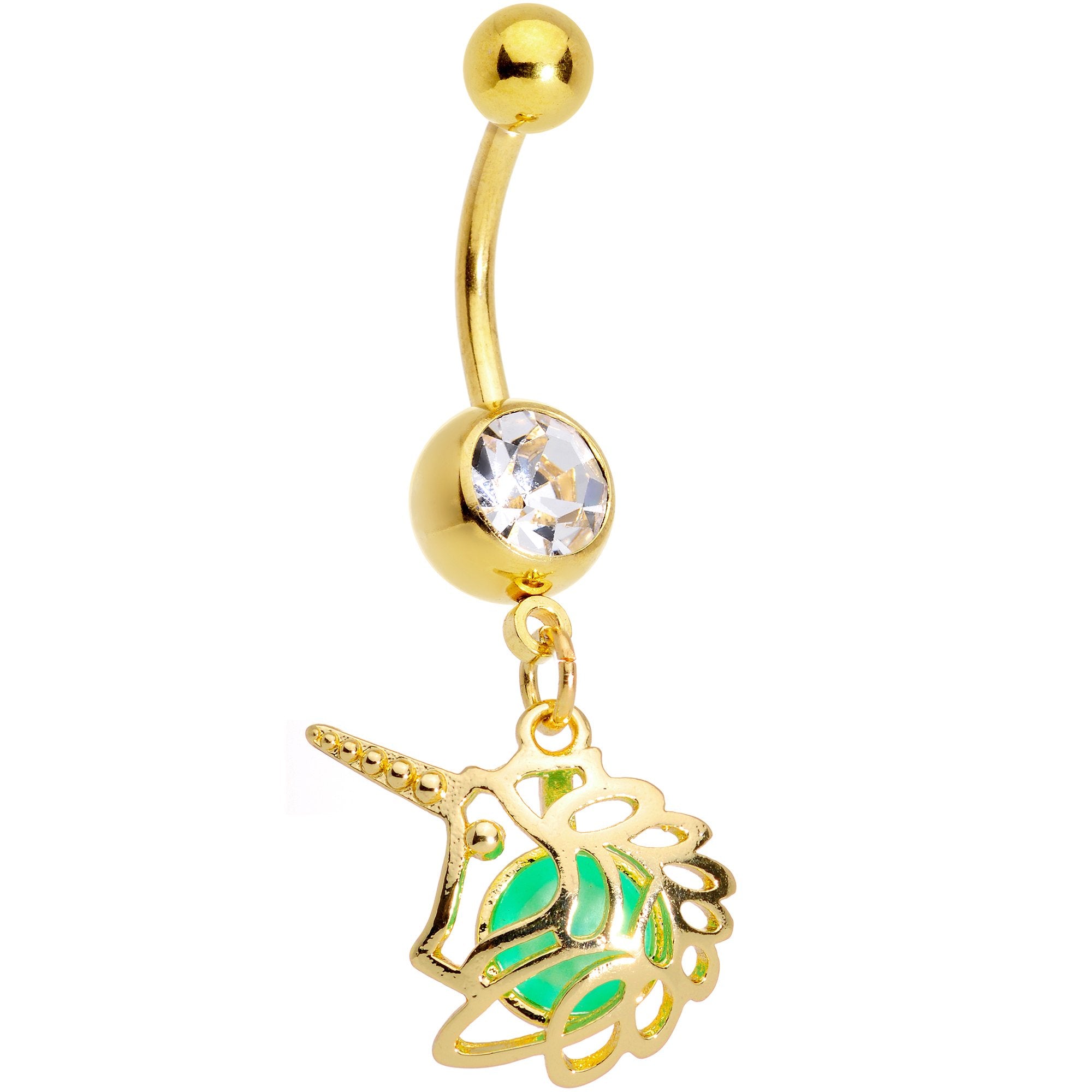 Clear Gem Gold Tone Glow Orb Unicorn Dangle Belly Ring