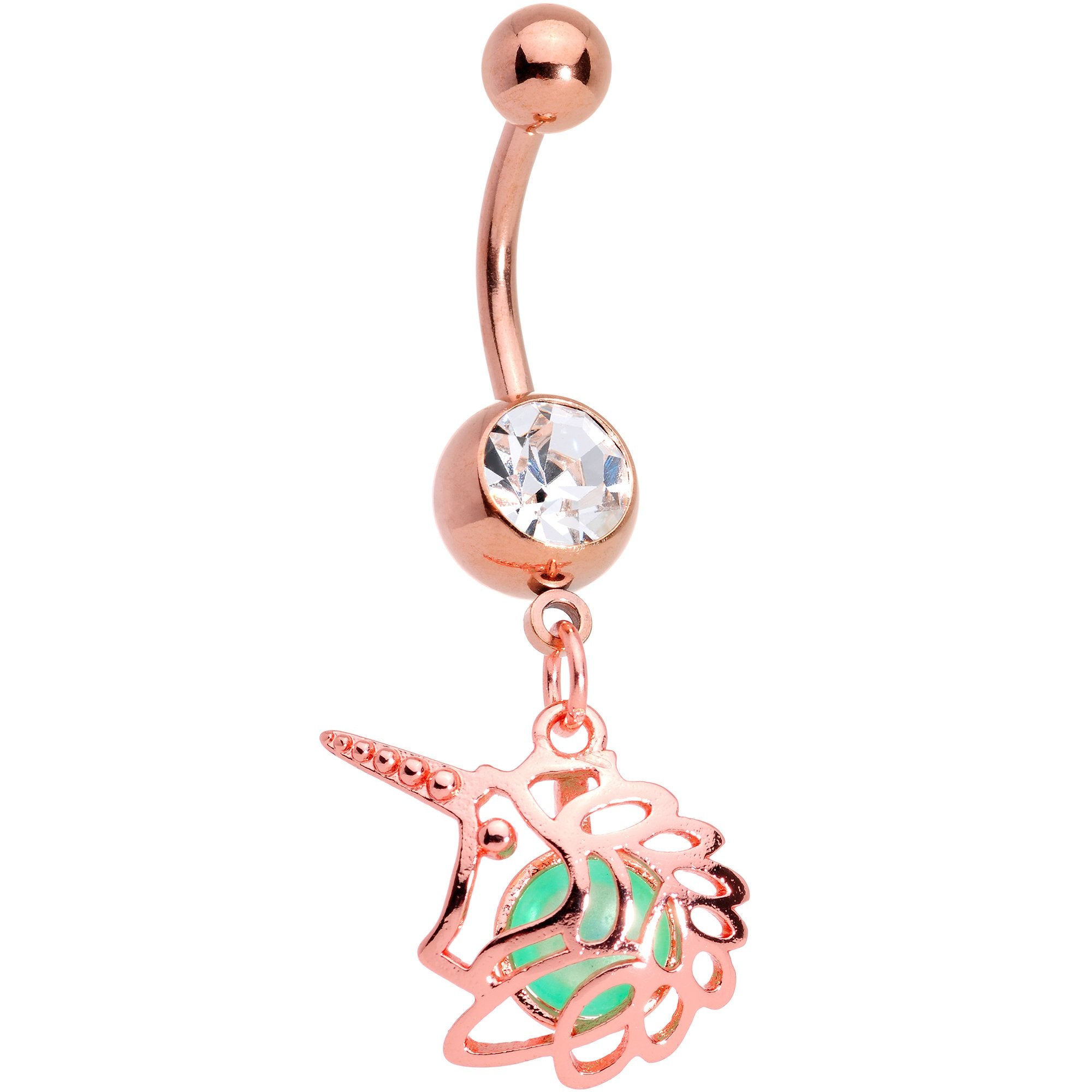 Clear Gem Rose Gold Tone Glow in the Dark Orb Unicorn Dangle Belly Ring