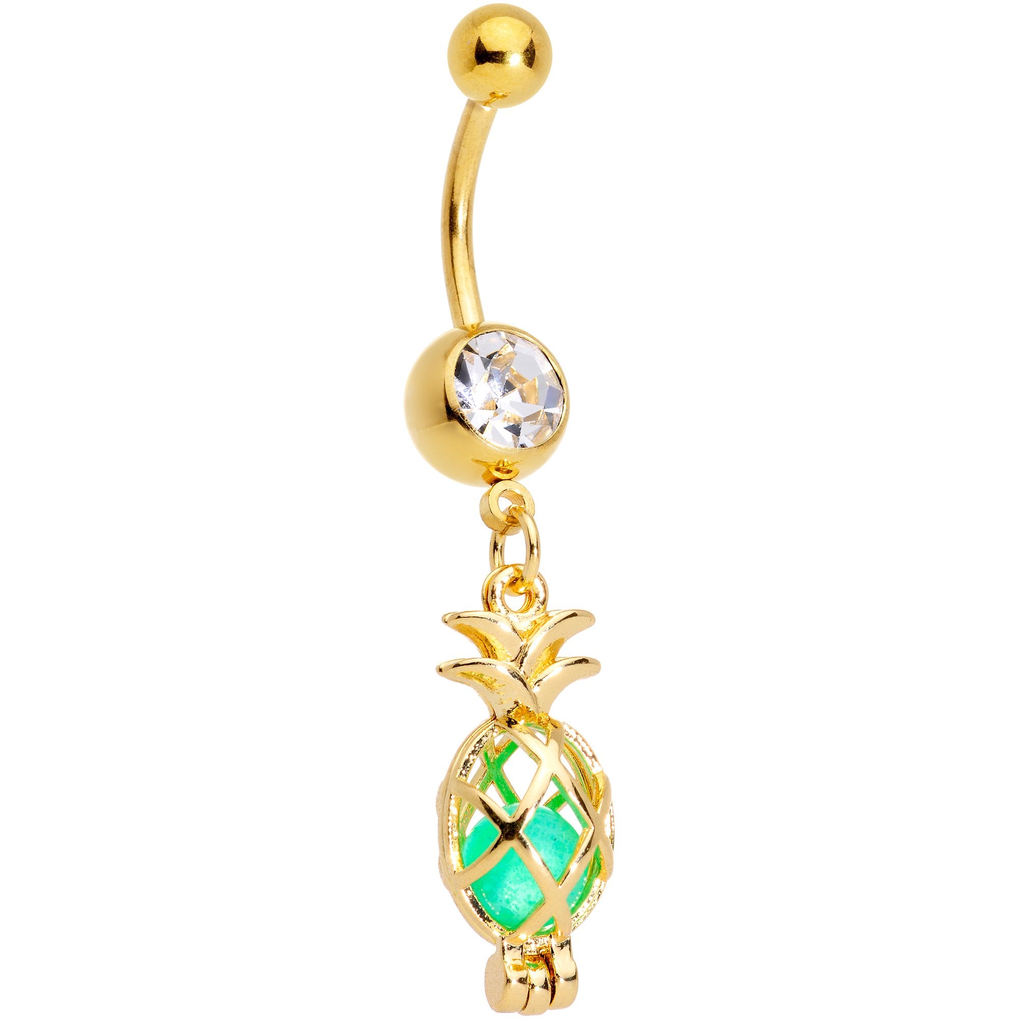 Clear Gem Gold Tone Glow in the Dark Pineapple Dangle Belly Ring