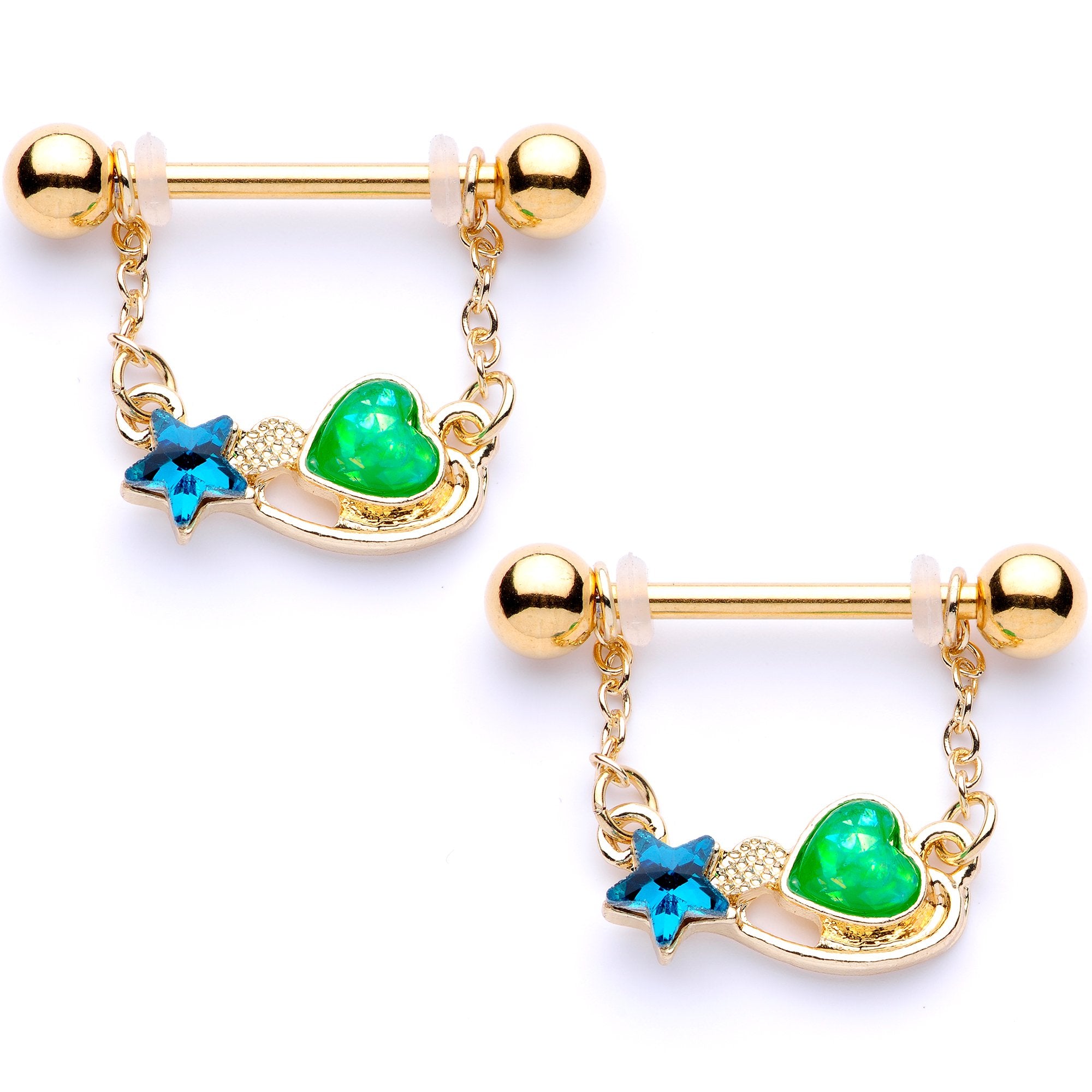 5/8 Blue Green Gem Gold Tone Star Heart Dangle Barbell Nipple Ring Set