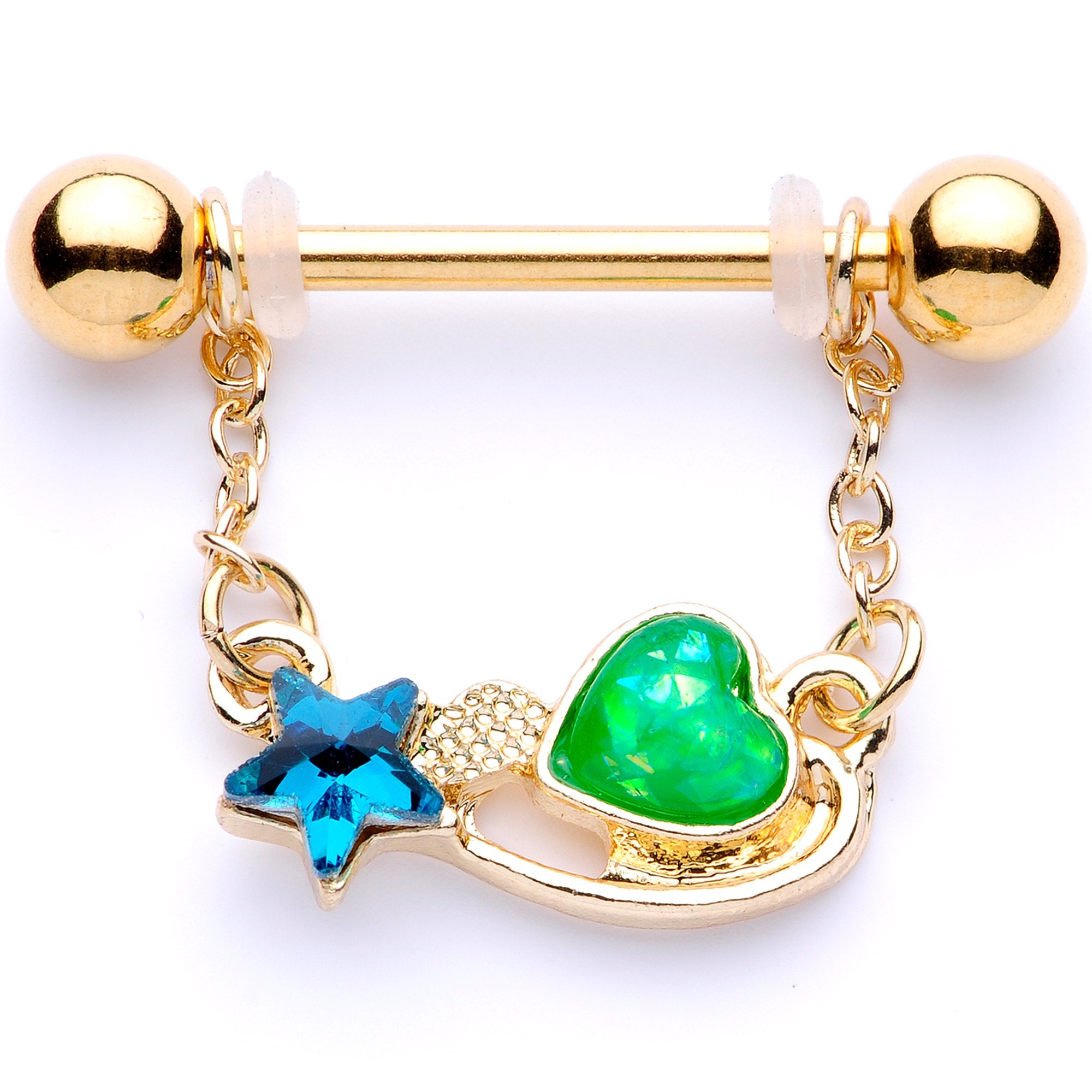 5/8 Blue Green Gem Gold Tone Star Heart Dangle Barbell Nipple Ring Set