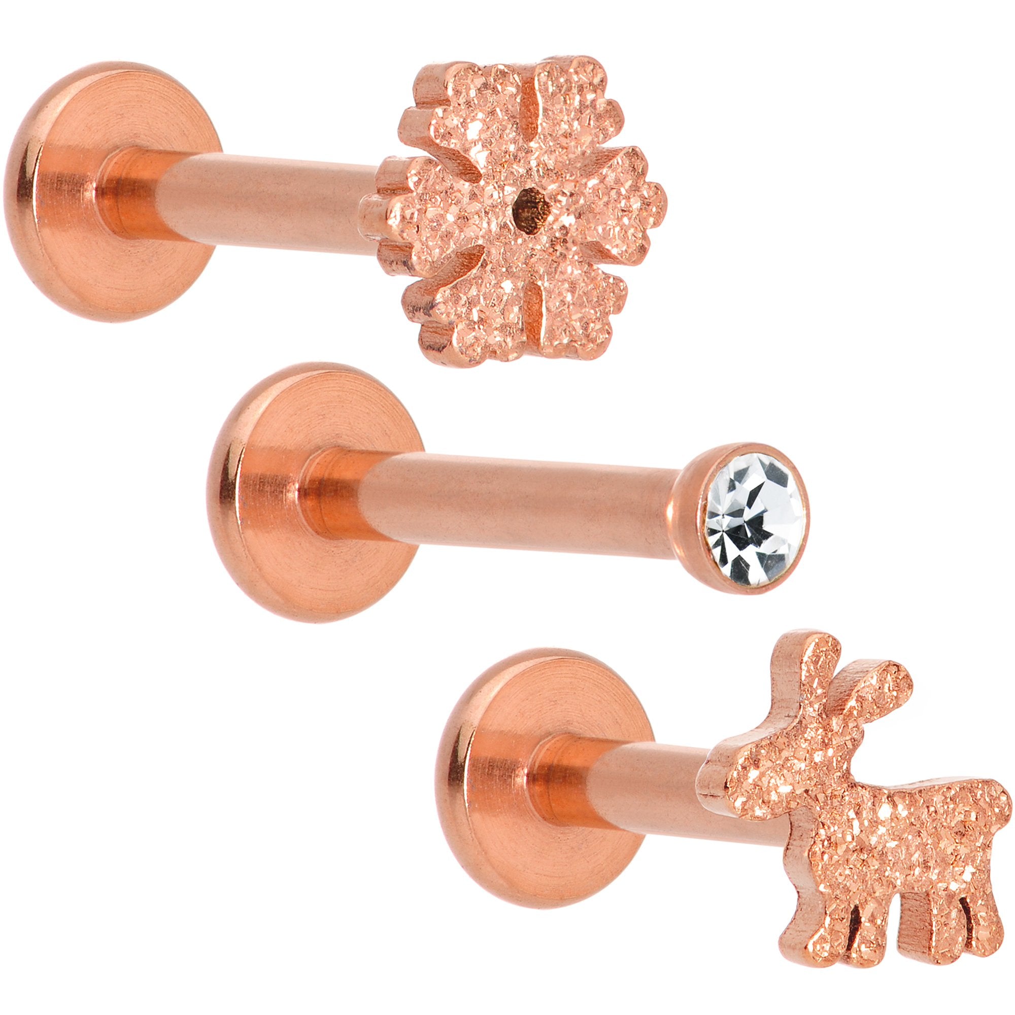 16 Gauge 5/16 Gem Rose Gold Tone Holiday Cartilage Tragus Earring Set of 3