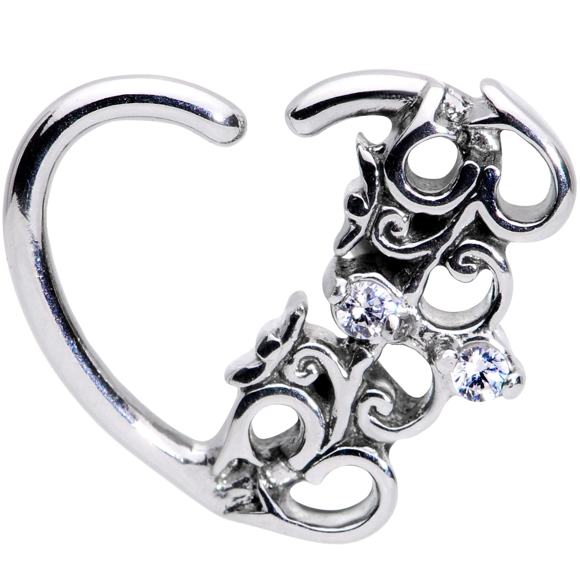 16 Gauge 3/8 Clear CZ Gem Abstract Hearts Left Heart Closure Ring