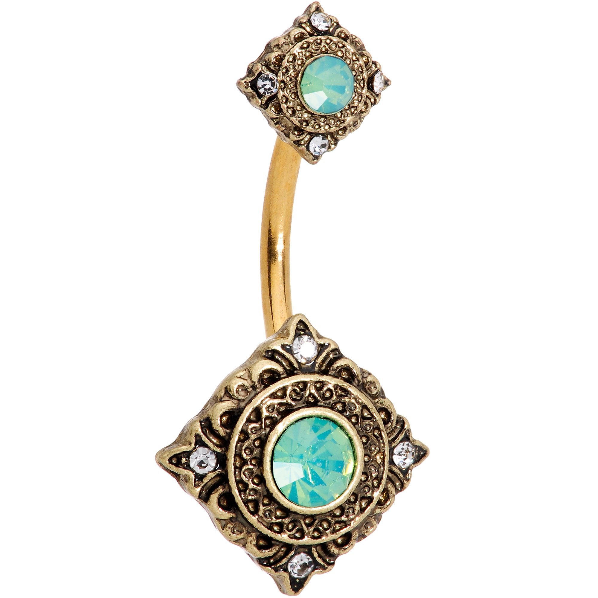 Green Faux Opal Clear Gem Gold Tone Rhombus Double Mount Belly Ring