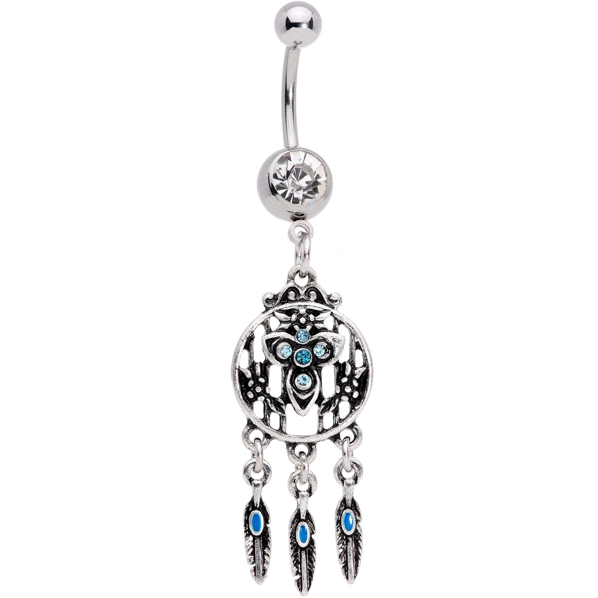 Blue Clear Gem Southwestern Blue Flower Feathers Dangle Belly Ring