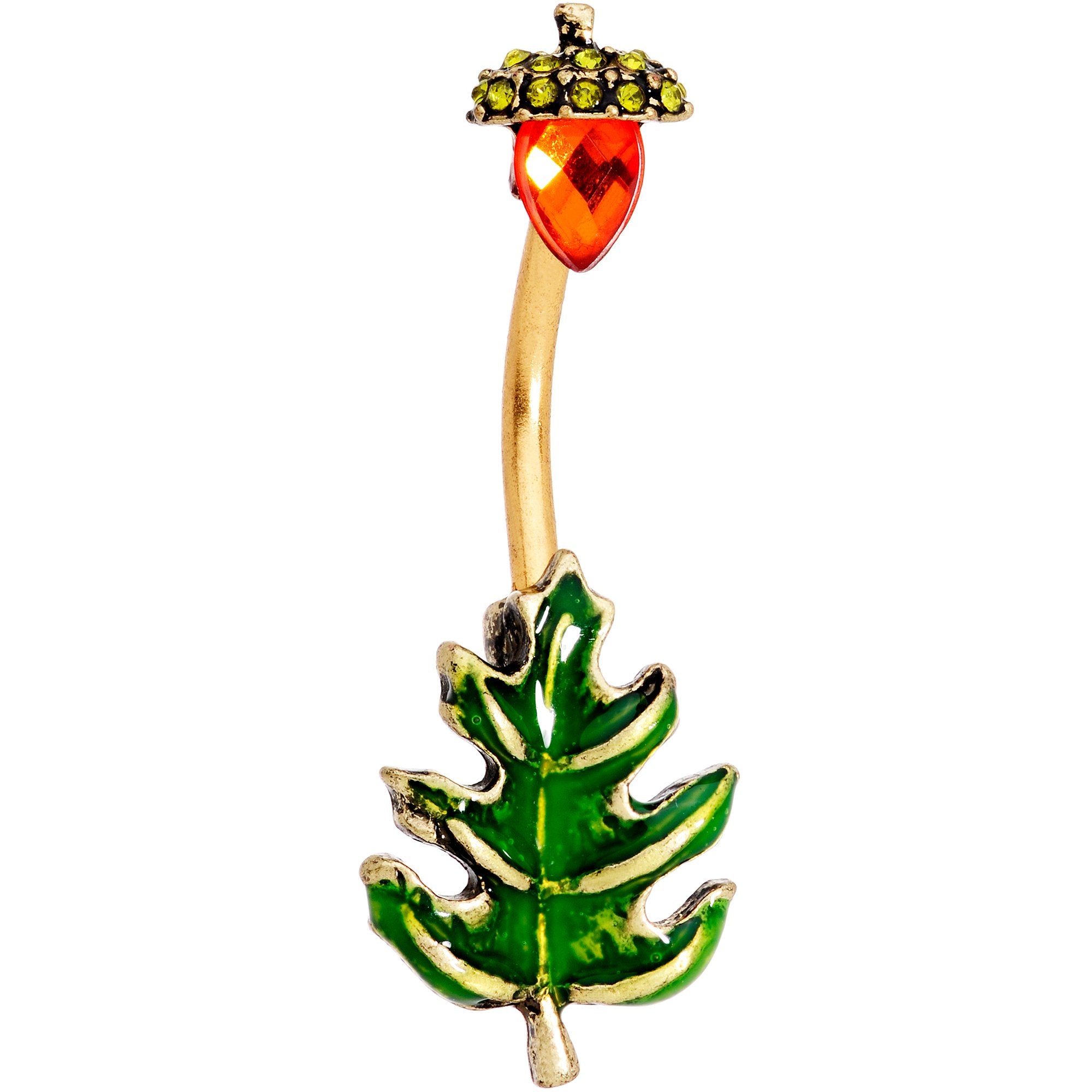 Red Green Gem Autumn Green Oak Leaf Acorn Double Mount Belly Ring