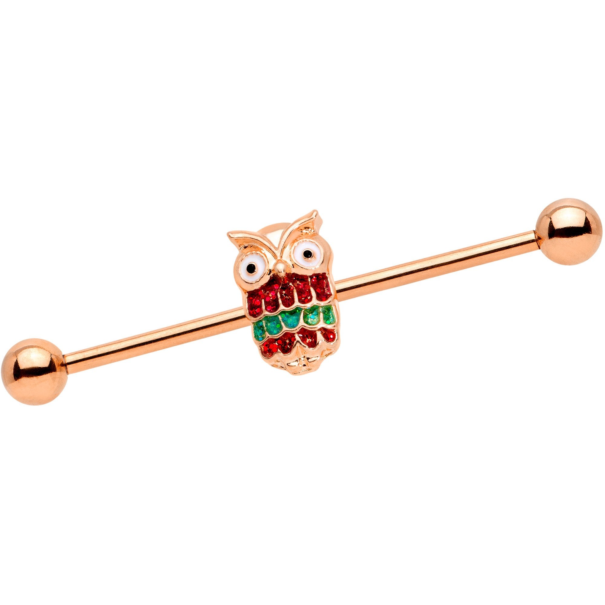 14 Gauge Rose Gold Tone Happy Holiday Hoot Owl Industrial Barbell 38mm