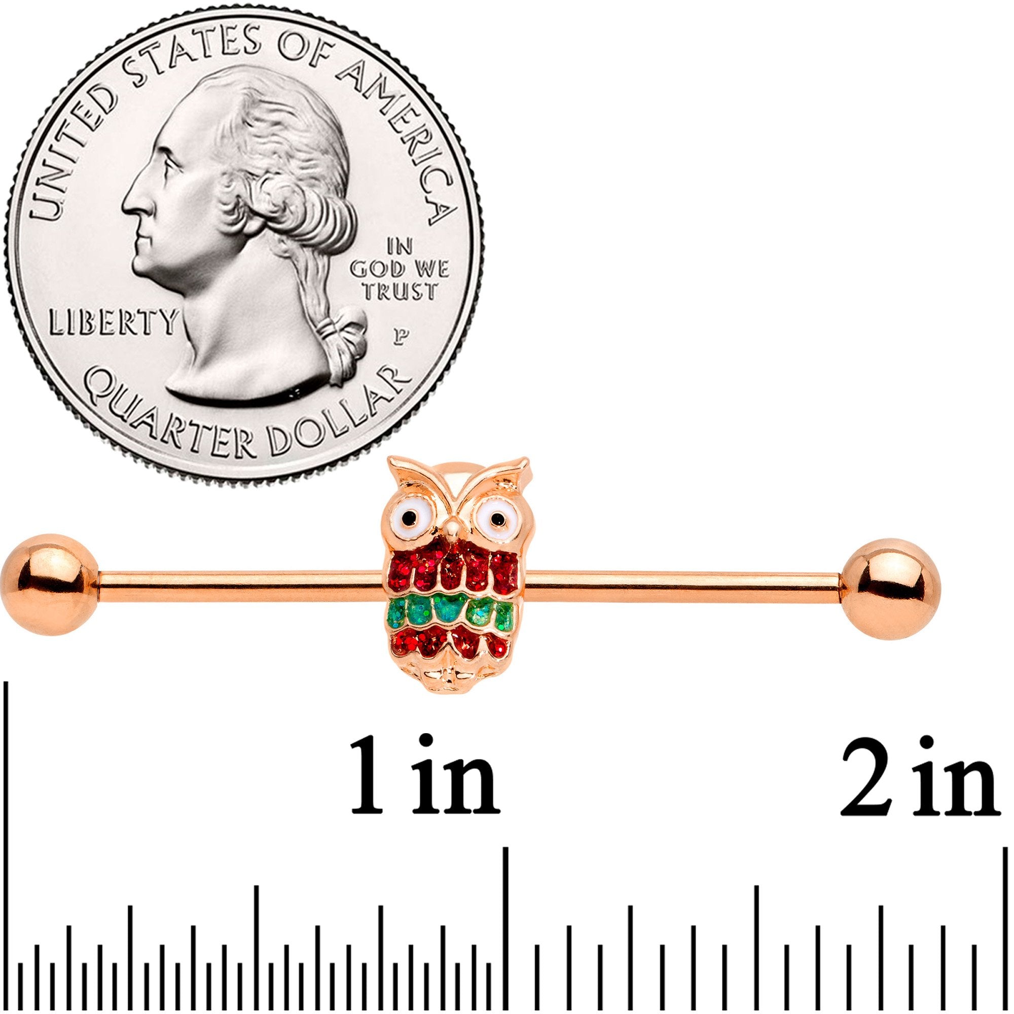 14 Gauge Rose Gold Tone Happy Holiday Hoot Owl Industrial Barbell 38mm