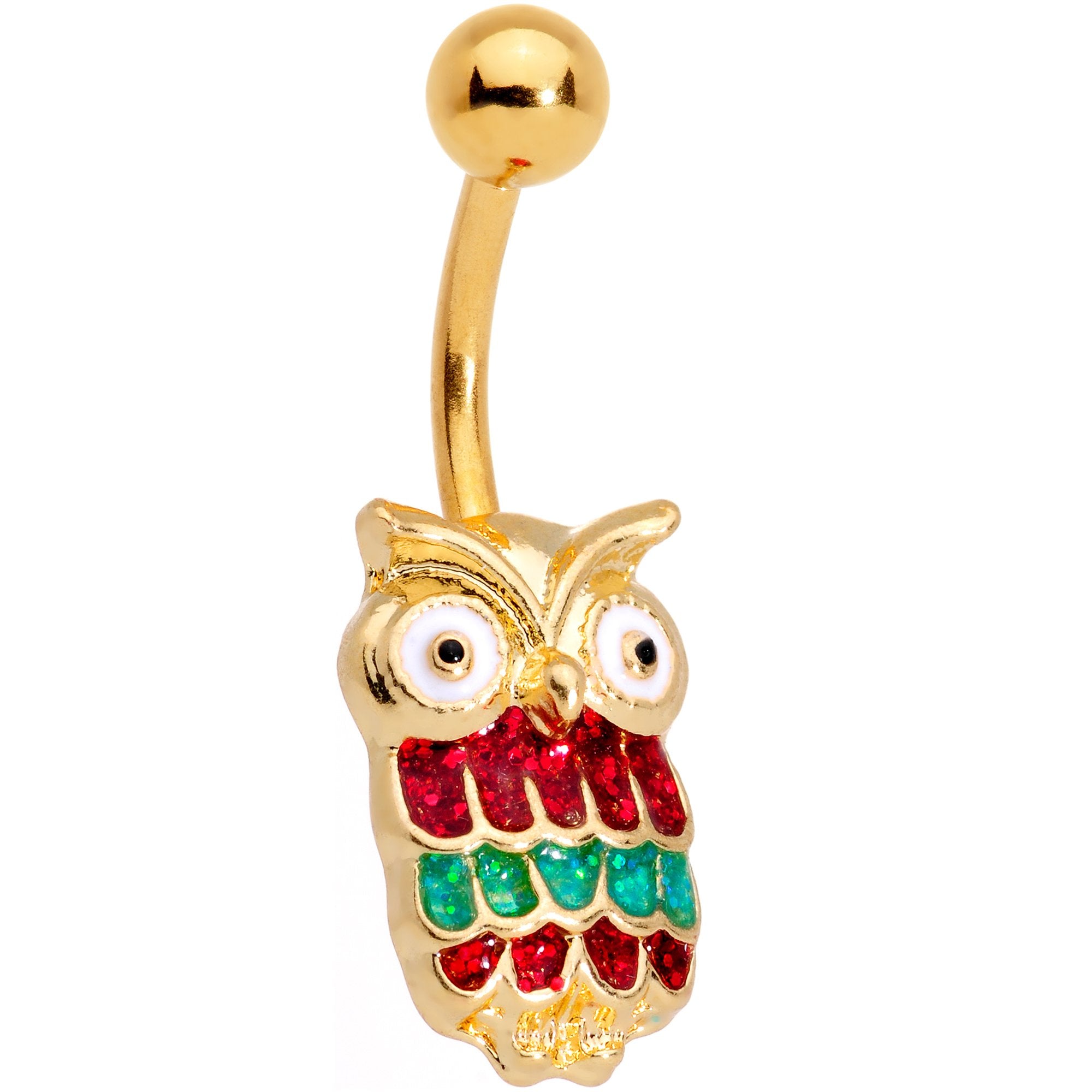 Gold Tone Red Green Happy Holiday Christmas Hoot Owl Belly Ring