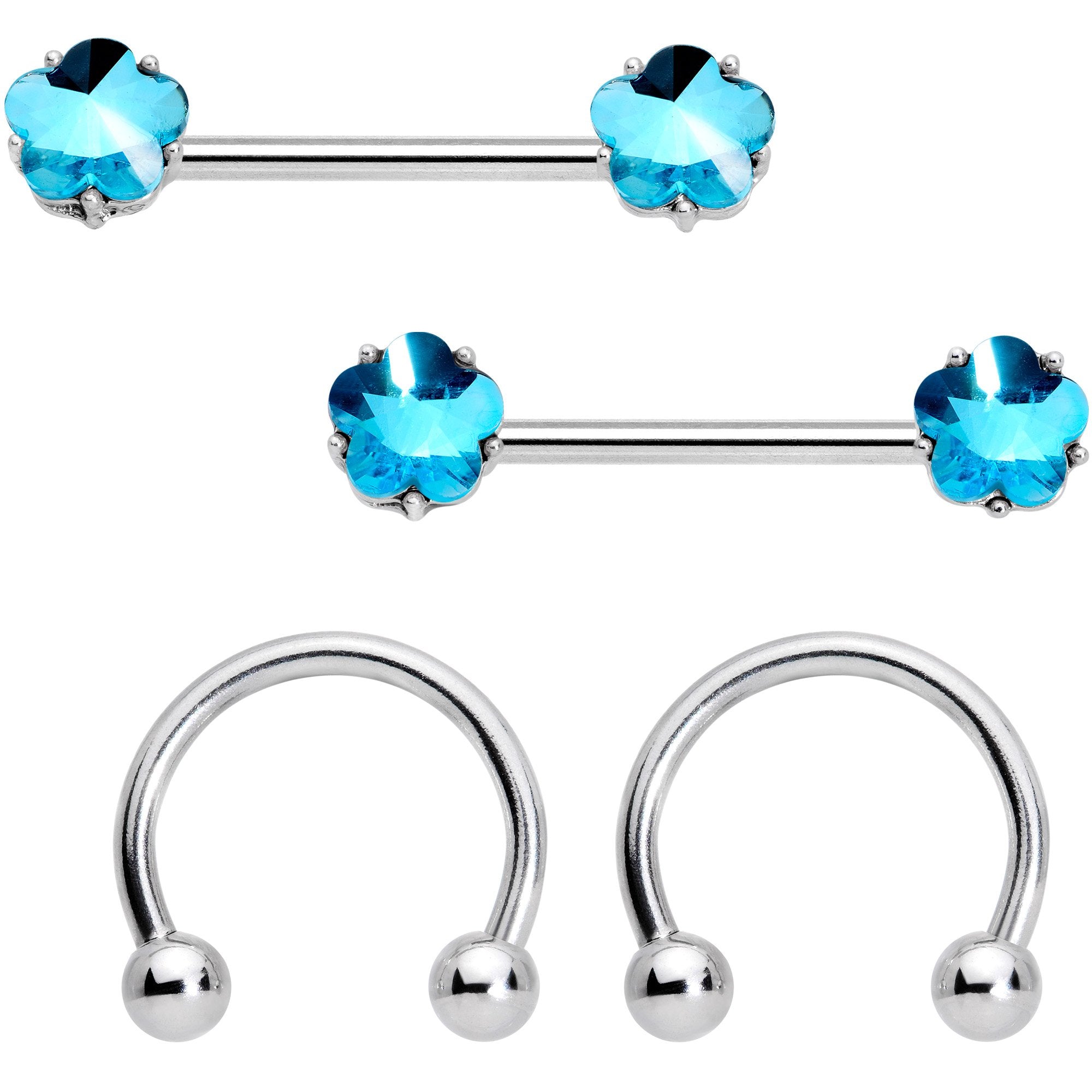 14 Gauge 9/16 1/2 Aqua Gem Flower Horseshoe Barbell Nipple Ring Set