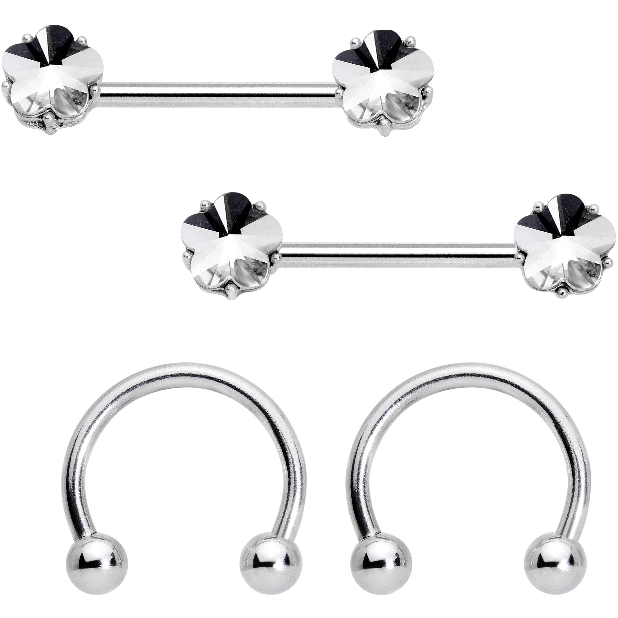 14 Gauge 9/16 1/2 Clear Gem Flower Horseshoe Barbell Nipple Ring Set