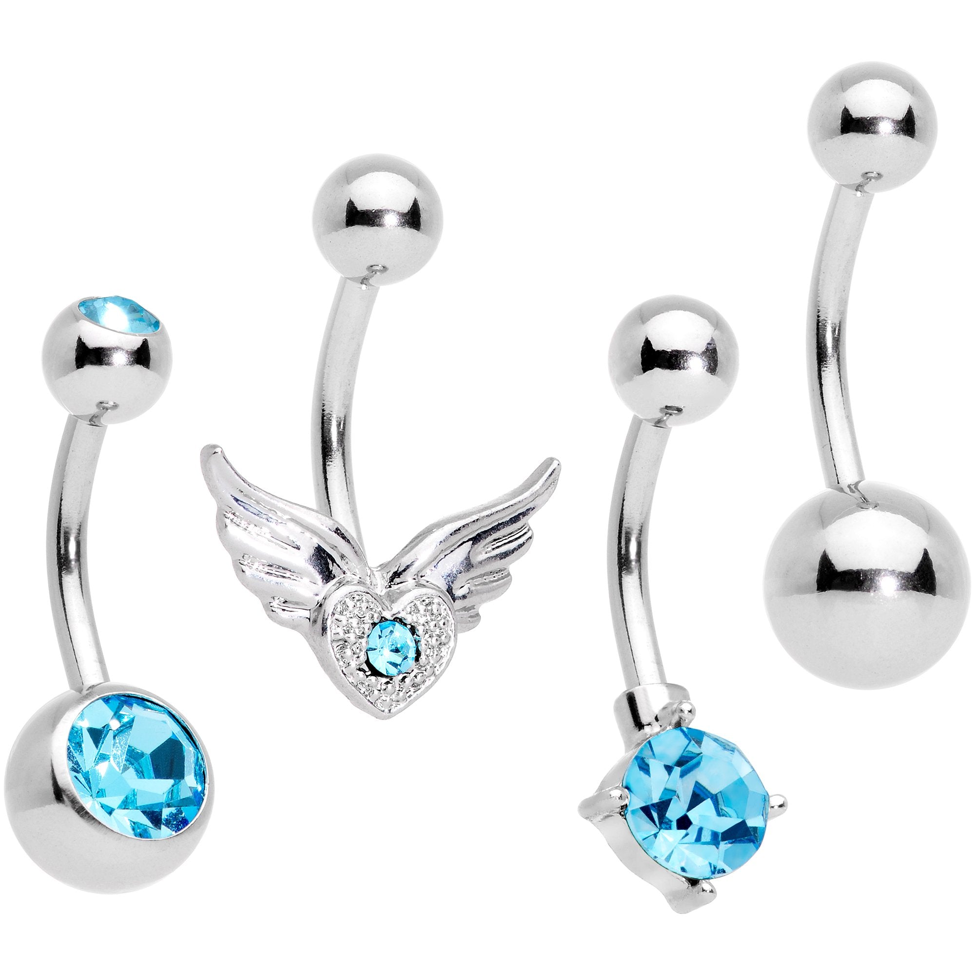 Aqua Gem Valentines Day Winged Heart Belly Ring Set of 4