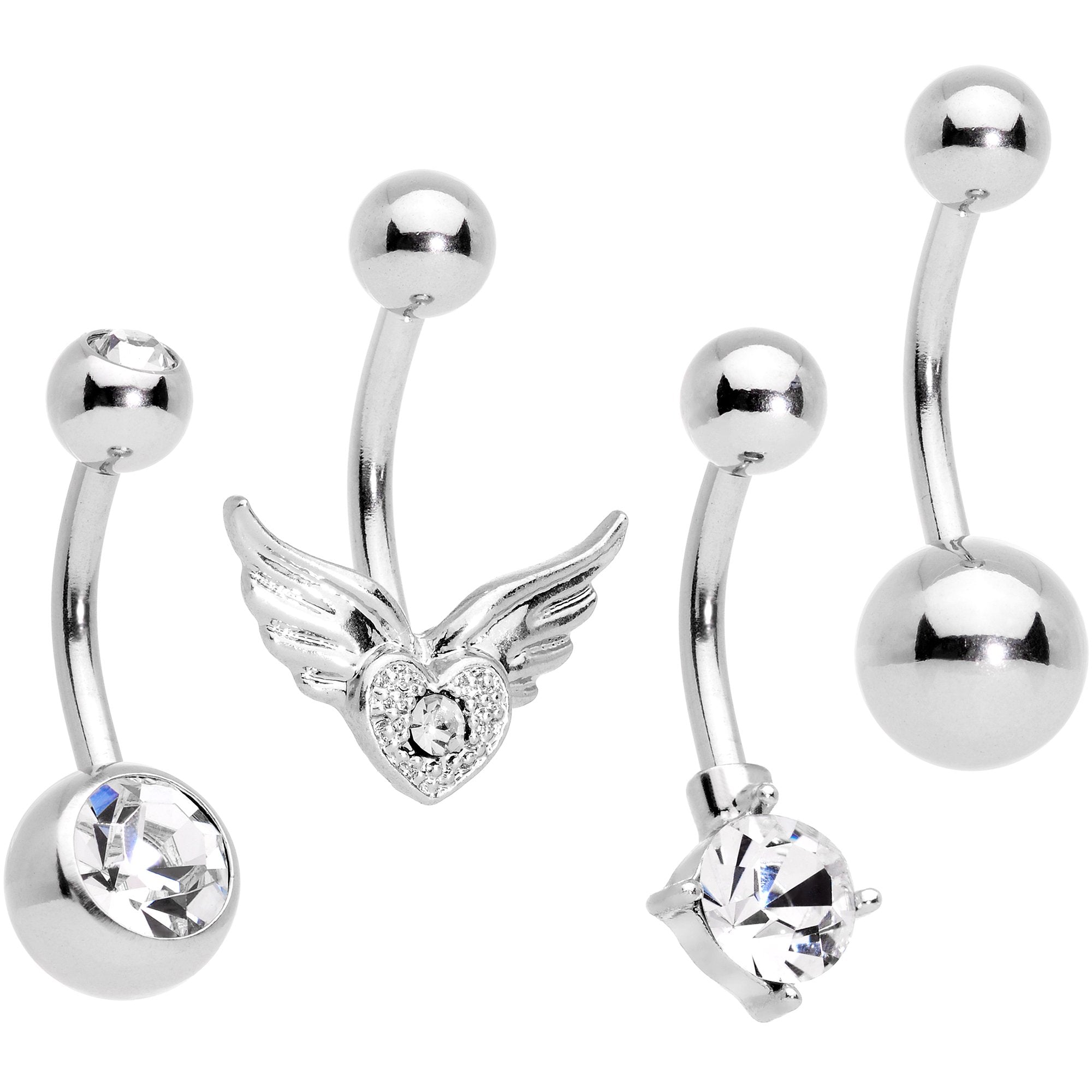 Clear Gem Valentines Day Winged Heart Belly Ring Set of 4