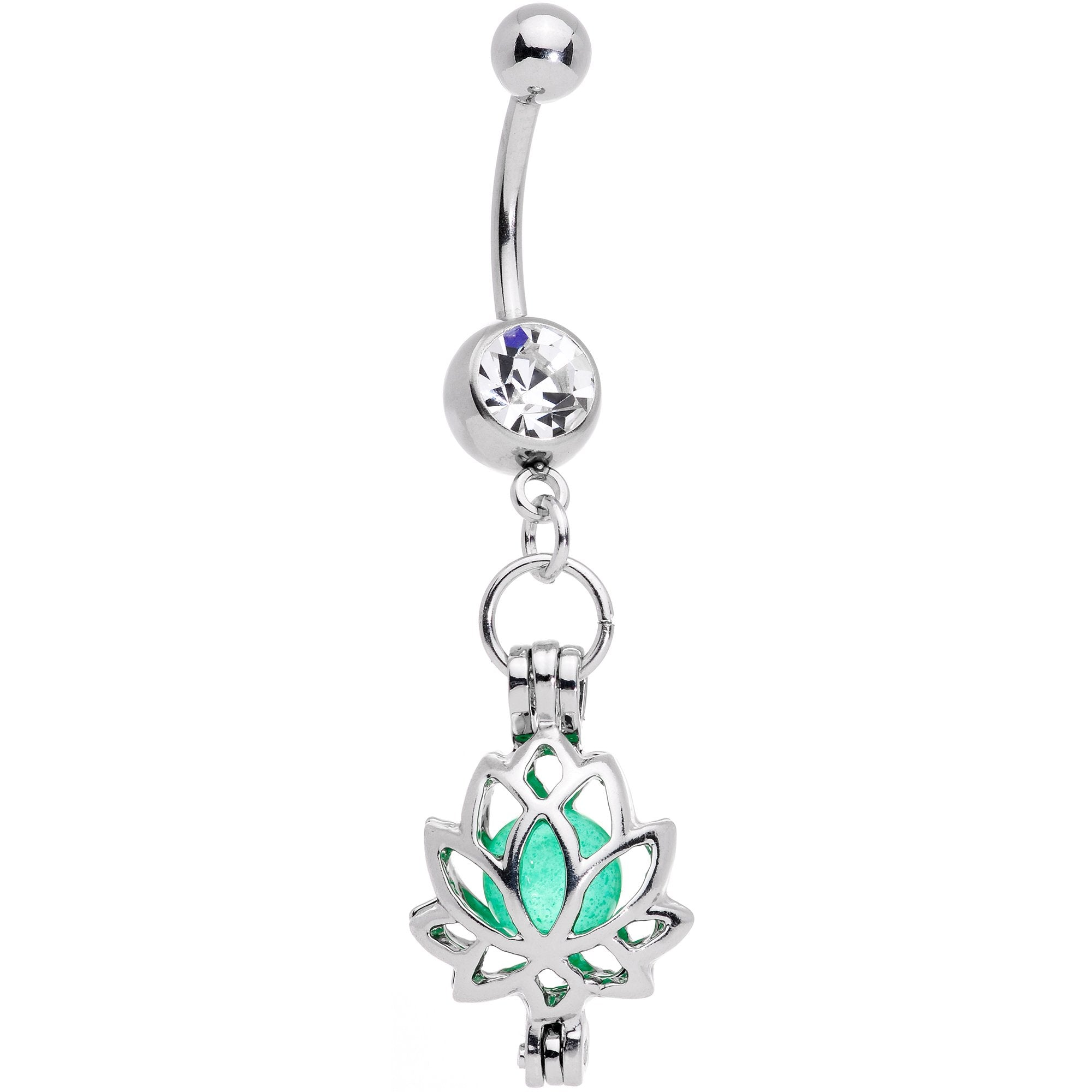 Clear Gem Glow in the Dark Inner Light Lotus Flower Dangle Belly Ring