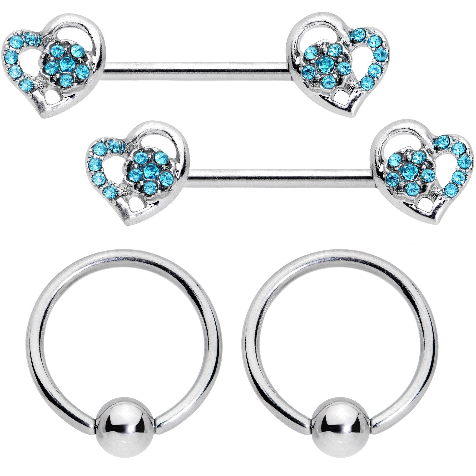 14 Gauge 9/16 5/16 Aqua Gem Hearts BCR Barbell Nipple Ring Set