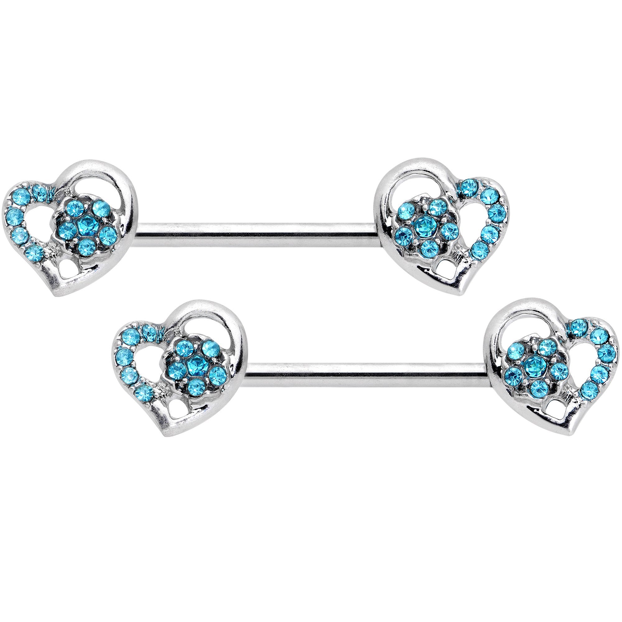 14 Gauge 9/16 5/16 Aqua Gem Hearts BCR Barbell Nipple Ring Set