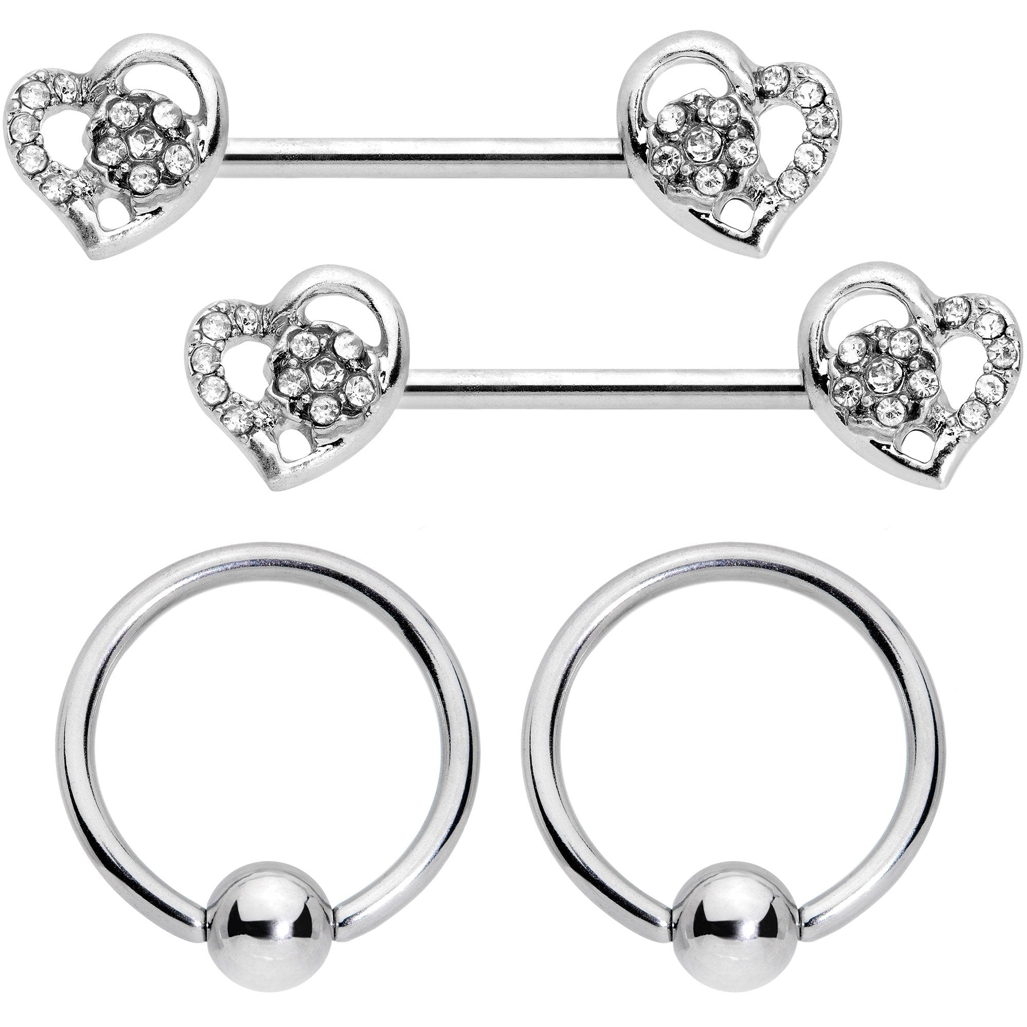 14 Gauge 9/16 5/16 Clear Gem Hearts BCR Barbell Nipple Ring Set