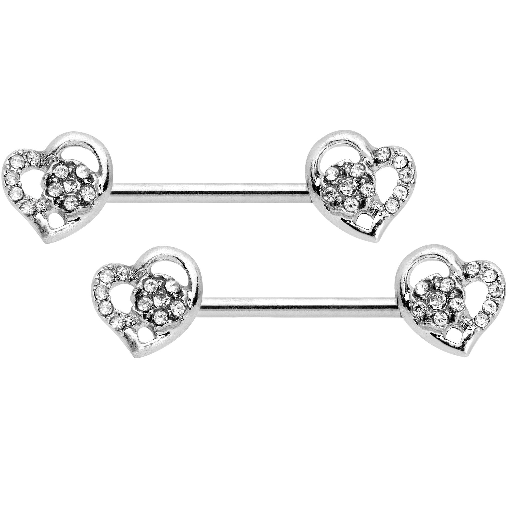 14 Gauge 9/16 5/16 Clear Gem Hearts BCR Barbell Nipple Ring Set