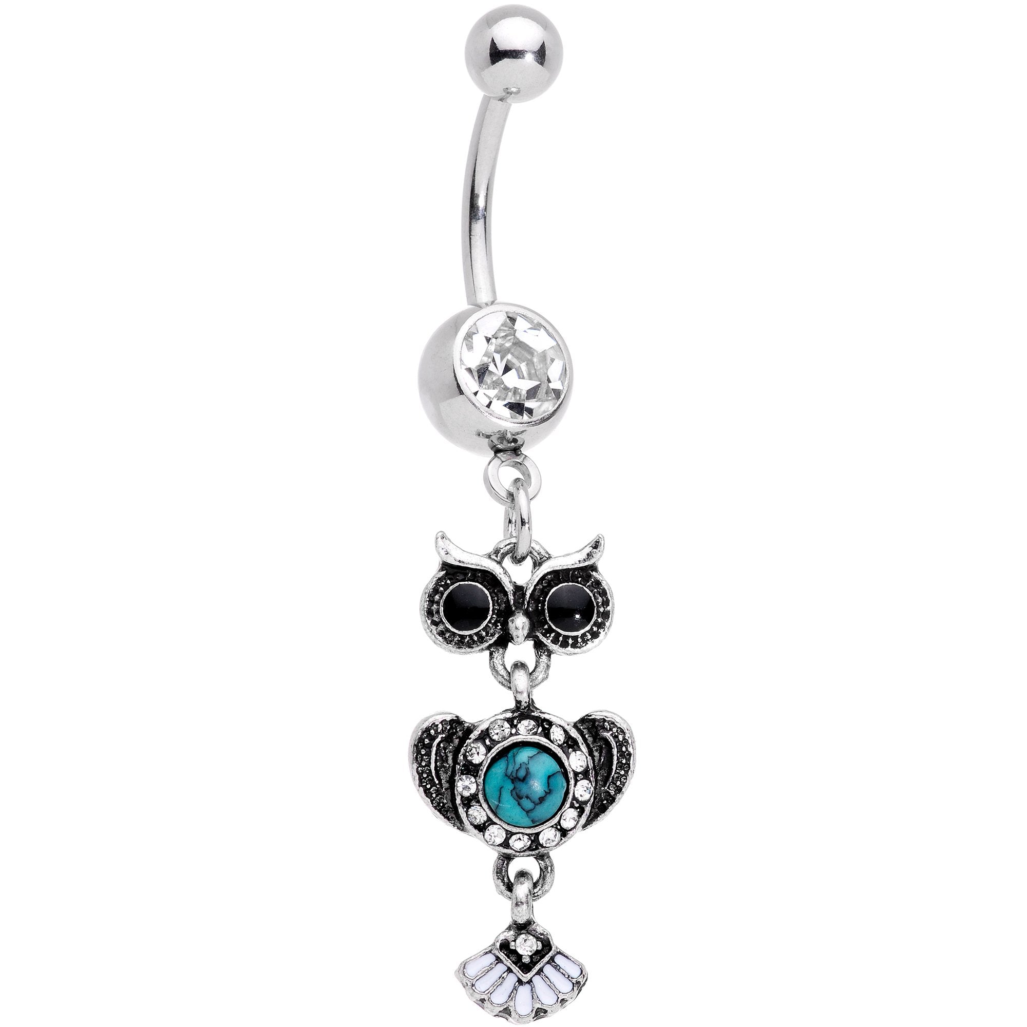 Clear Gem Real Turquoise Stone Southwestern Wise Owl Dangle Belly Ring