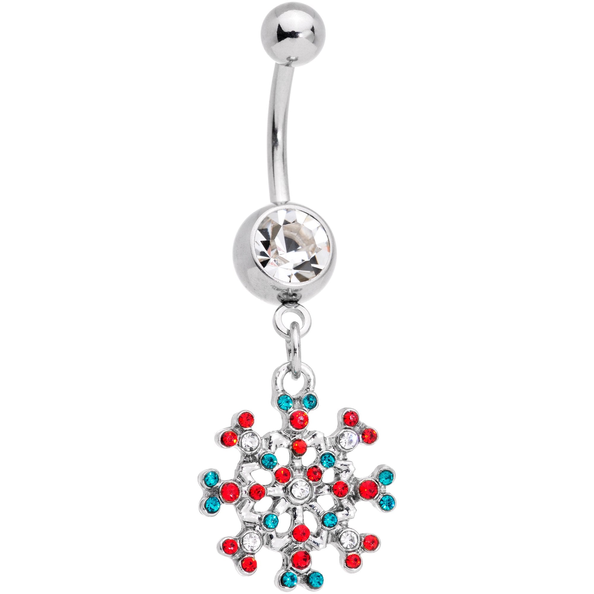 Clear Red Green Gem Christmas Winter Snowflake Dangle Belly Ring