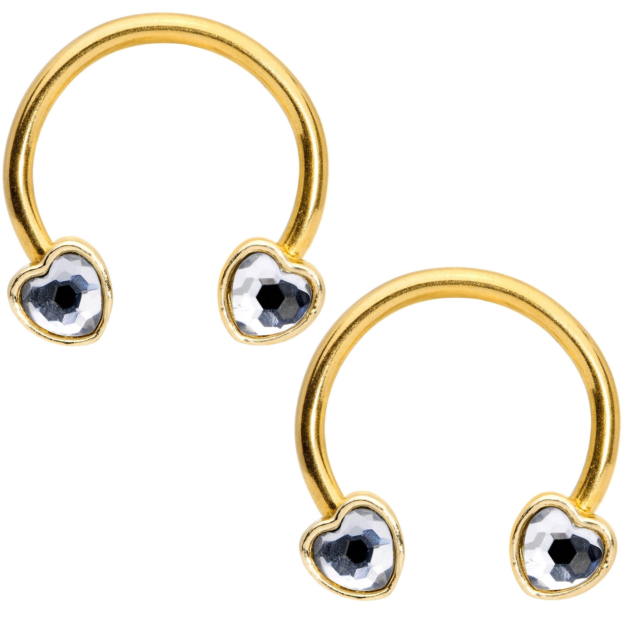 14 Gauge 9/16 Clear Gem Gold Tone Heart Horseshoe Nipple Ring Set