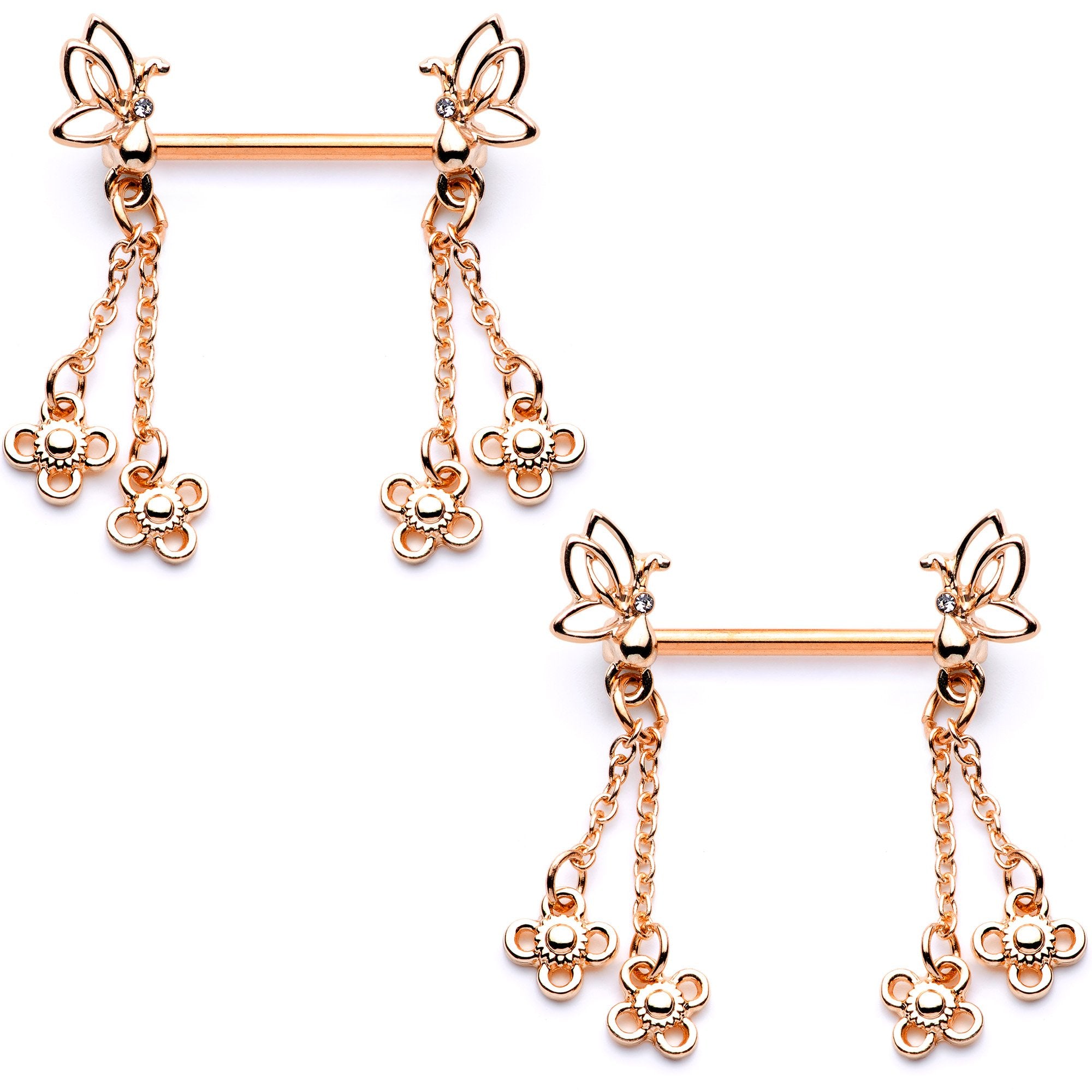 9/16 Clear Gem Rose Gold Tone Butterfly Dangle Barbell Nipple Ring Set