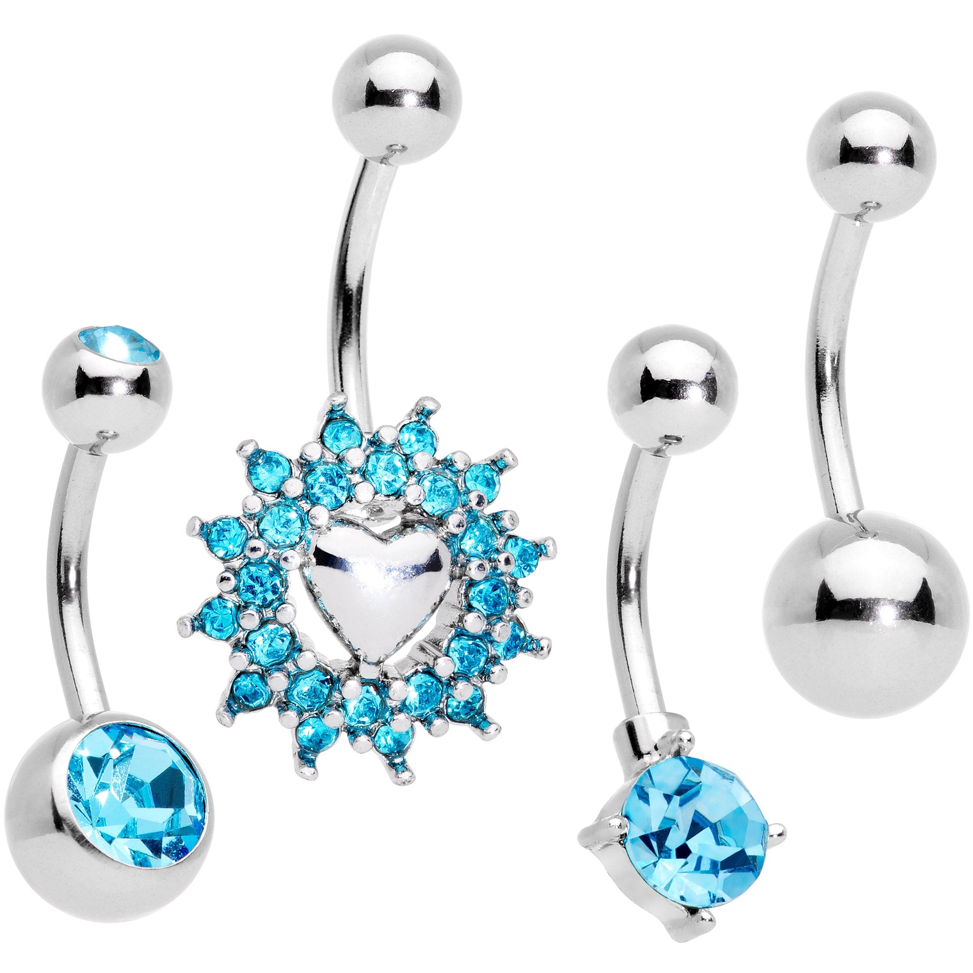 Aqua Gem Valentines Day Sunburst Heart Belly Ring Set of 4