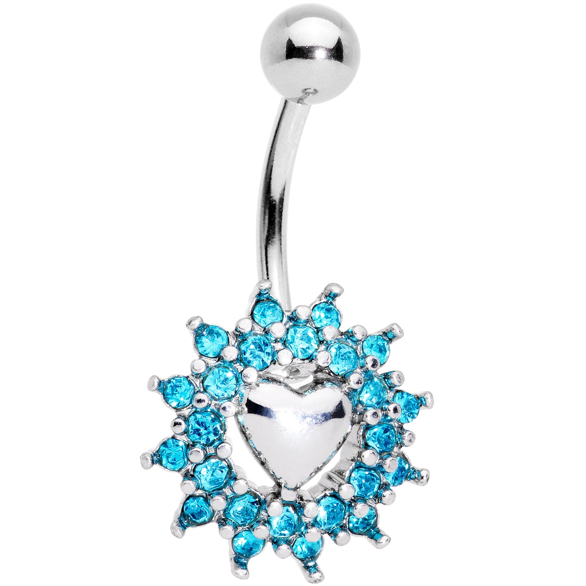 Aqua Gem Valentines Day Sunburst Heart Belly Ring Set of 4