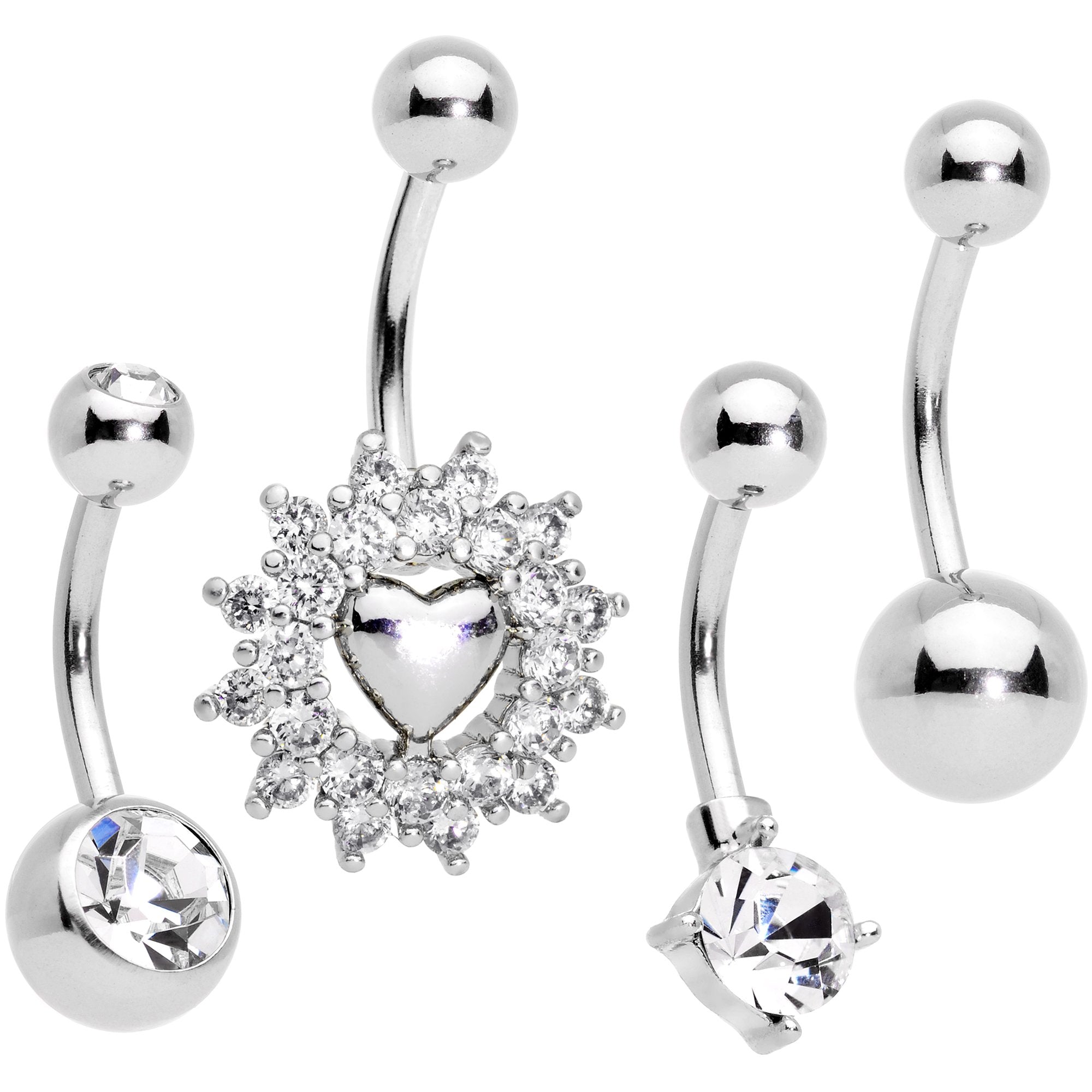 Clear Gem Valentines Day Sunburst Heart Belly Ring Set of 4