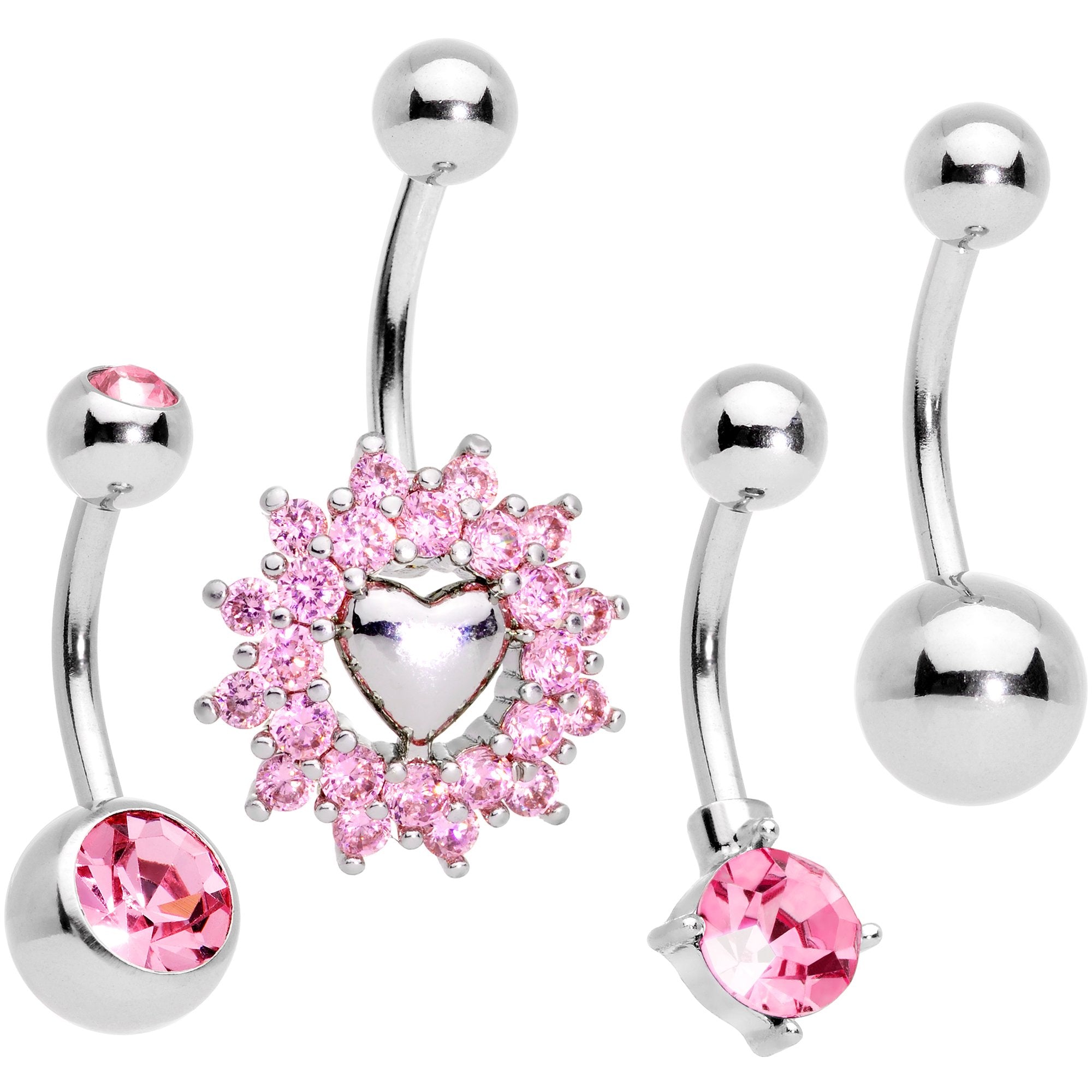 Pink Gem Valentines Day Sunburst Heart Belly Ring Set of 4