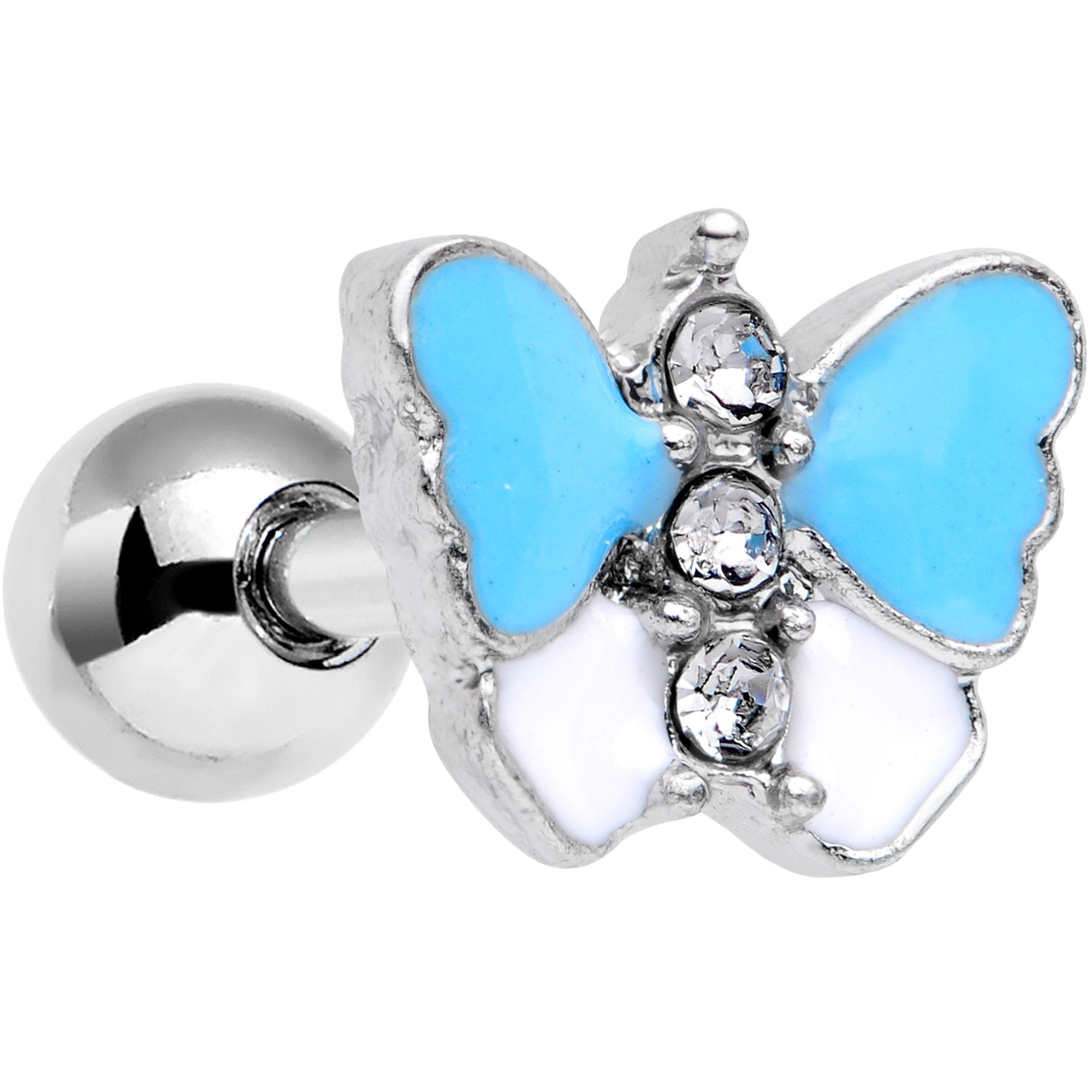 16 Gauge 1/4 Clear Gem Blue White Butterfly Cartilage Tragus Earring